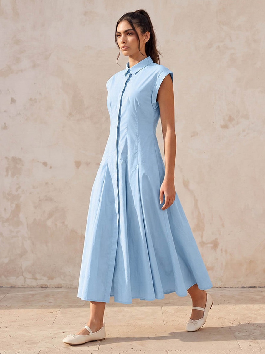 Midi Cotton Shirt Dress with Pleats