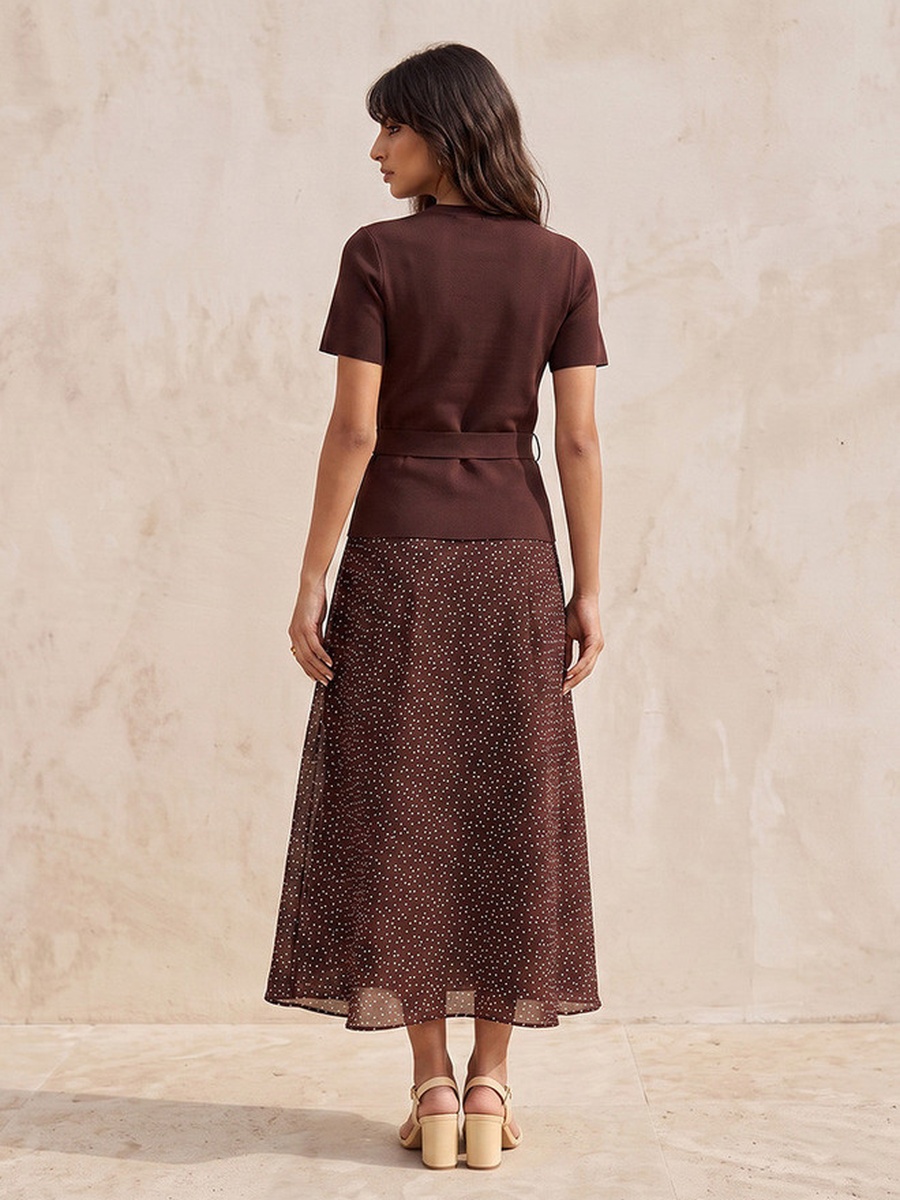 Polka Dot Print Dress with Tie-Up Belt