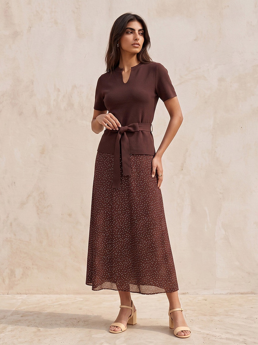 Polka Dot Print Dress with Tie-Up Belt