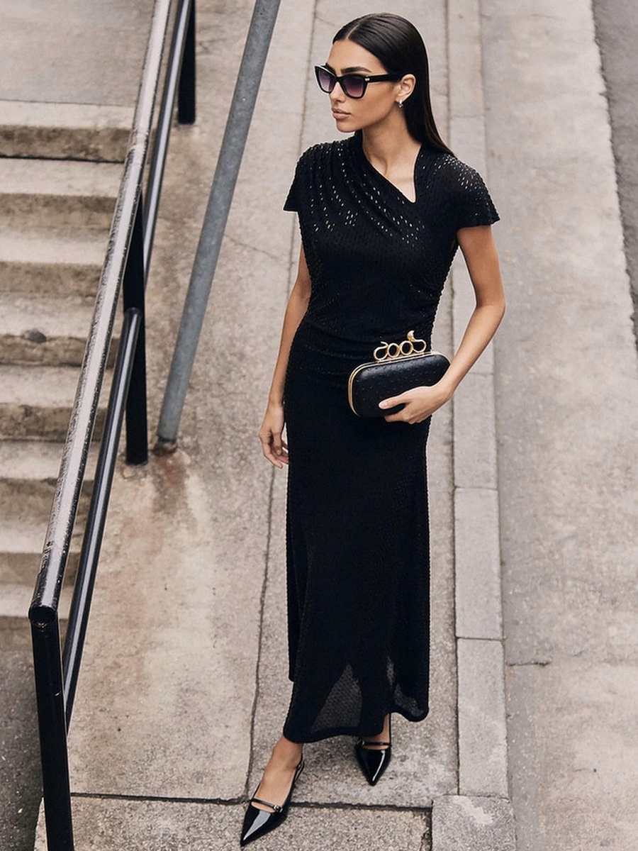 Embellished Dress with Ruched Design