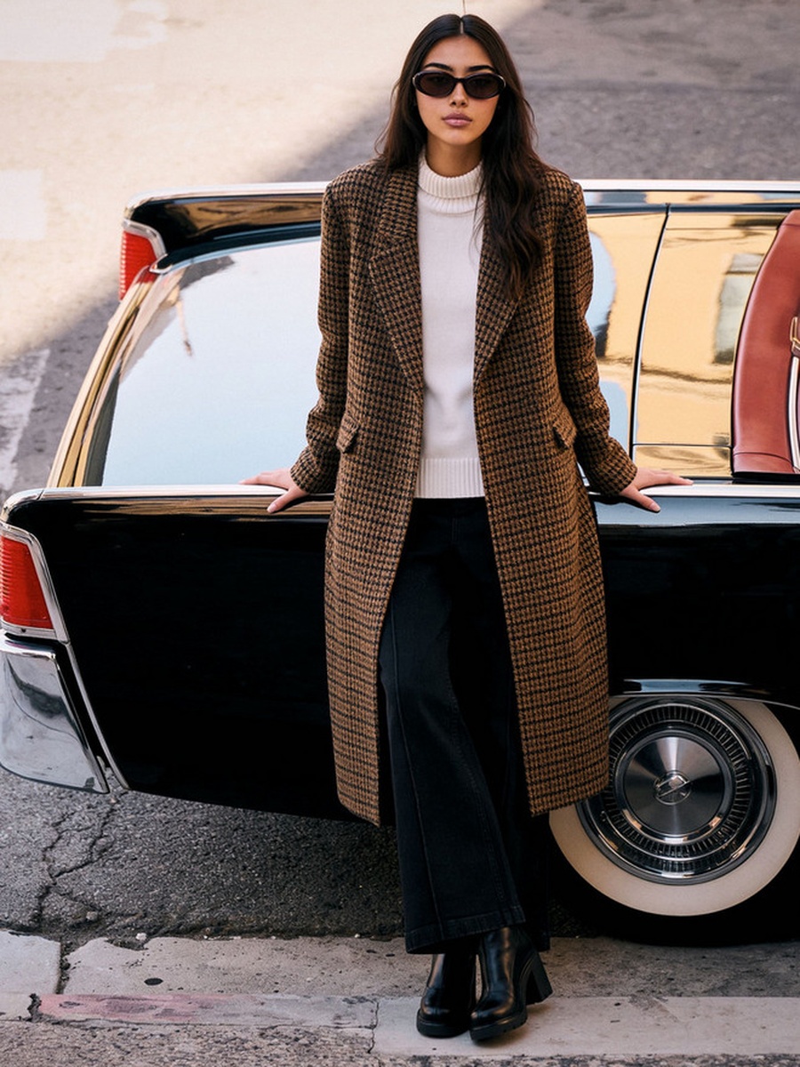 Long Trench Coat with Checked Detail