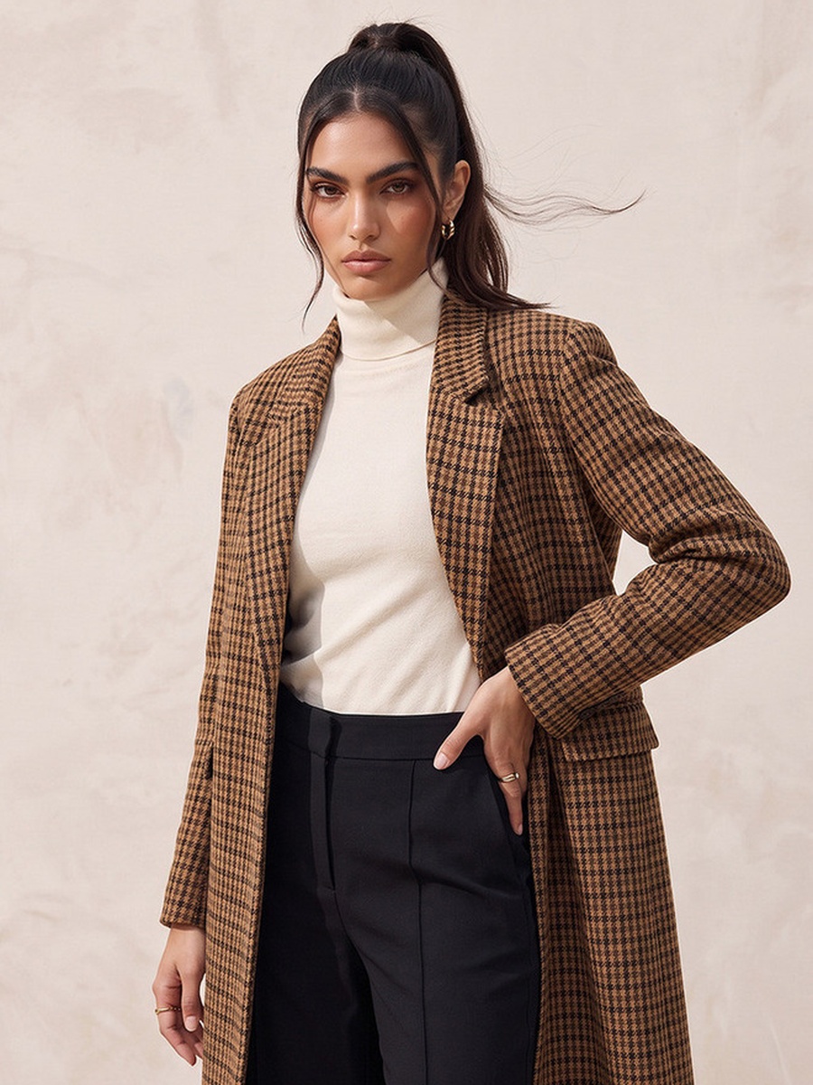 Long Trench Coat with Checked Detail