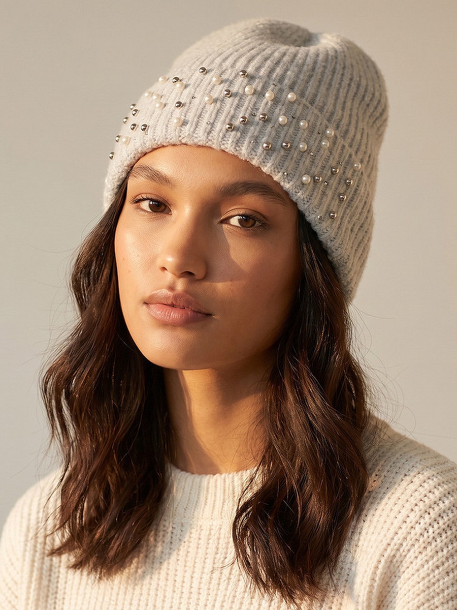 Embellished Beanie with Turn-Up Hem