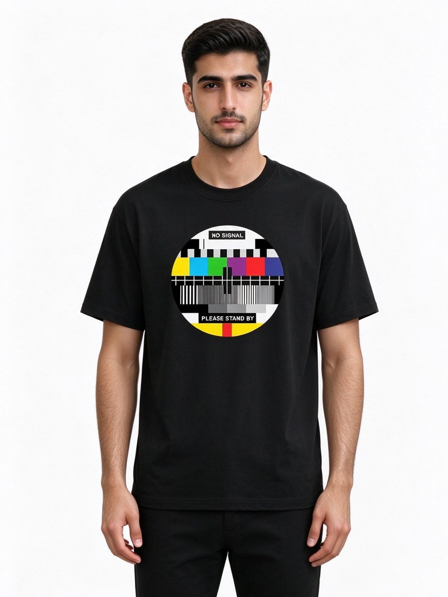 Men Black No Signal TV Test Pattern Graphic T-Shirt