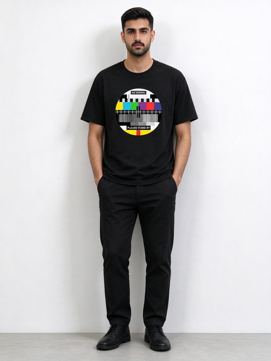 Men Black No Signal TV Test Pattern Graphic T-Shirt