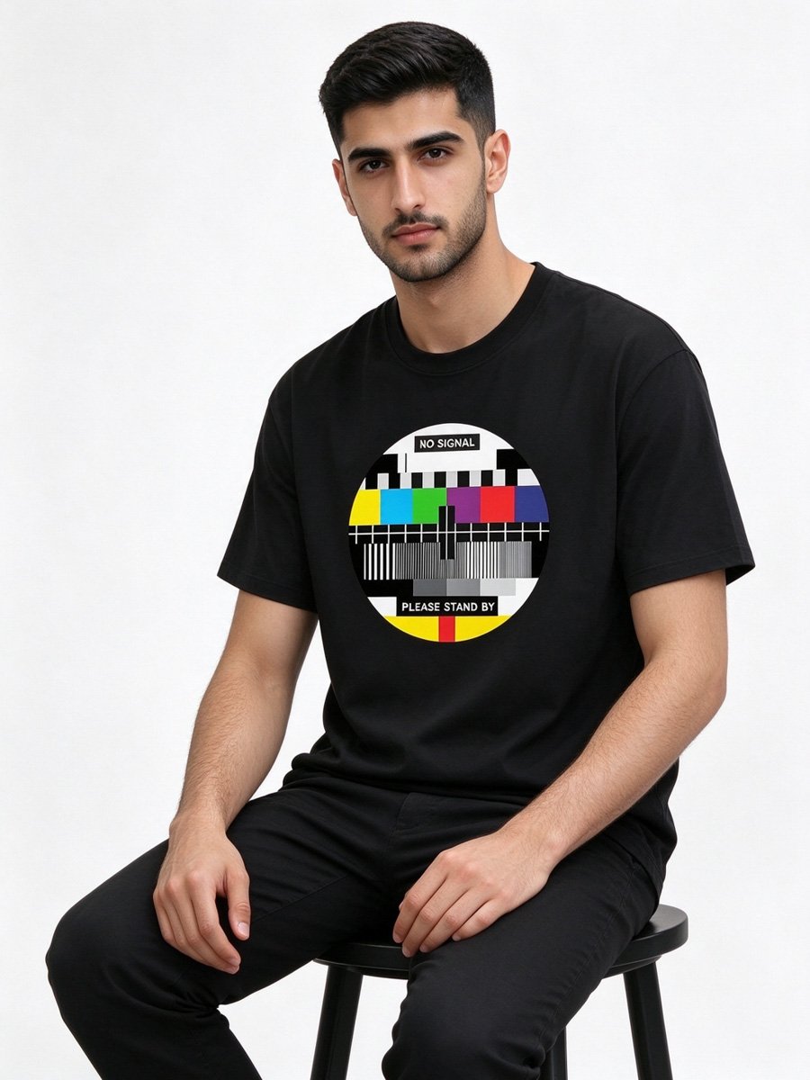 Men Black No Signal TV Test Pattern Graphic T-Shirt