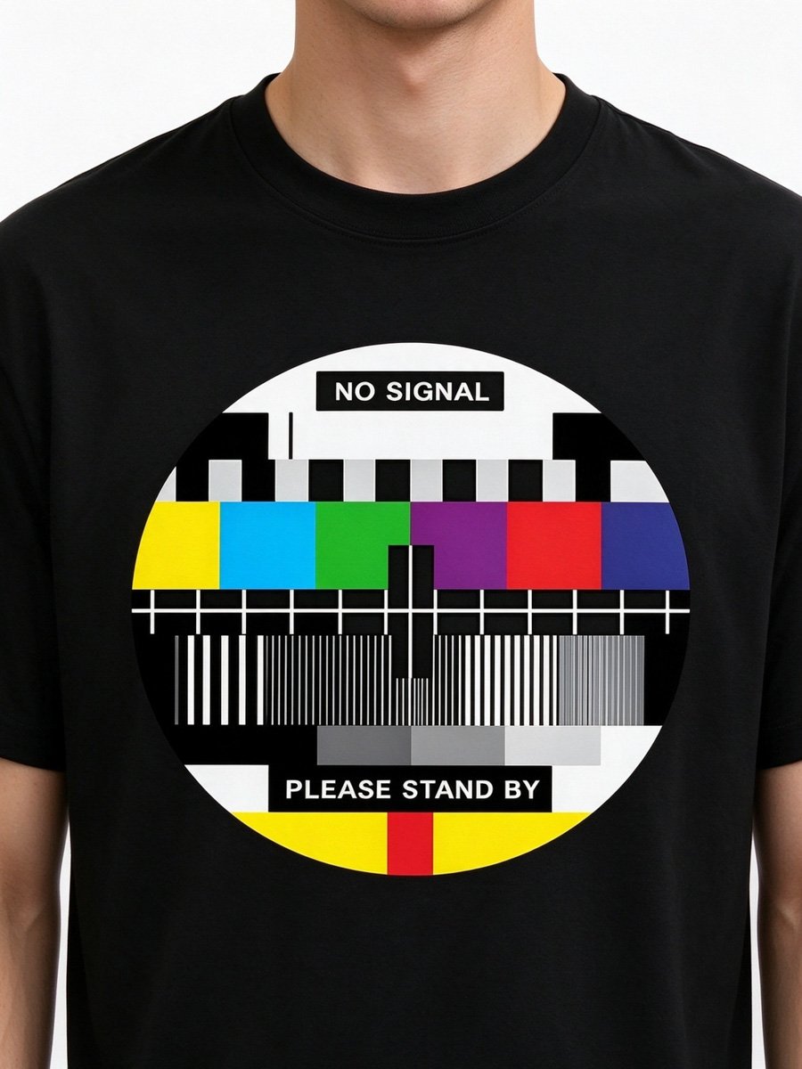 Men Black No Signal TV Test Pattern Graphic T-Shirt