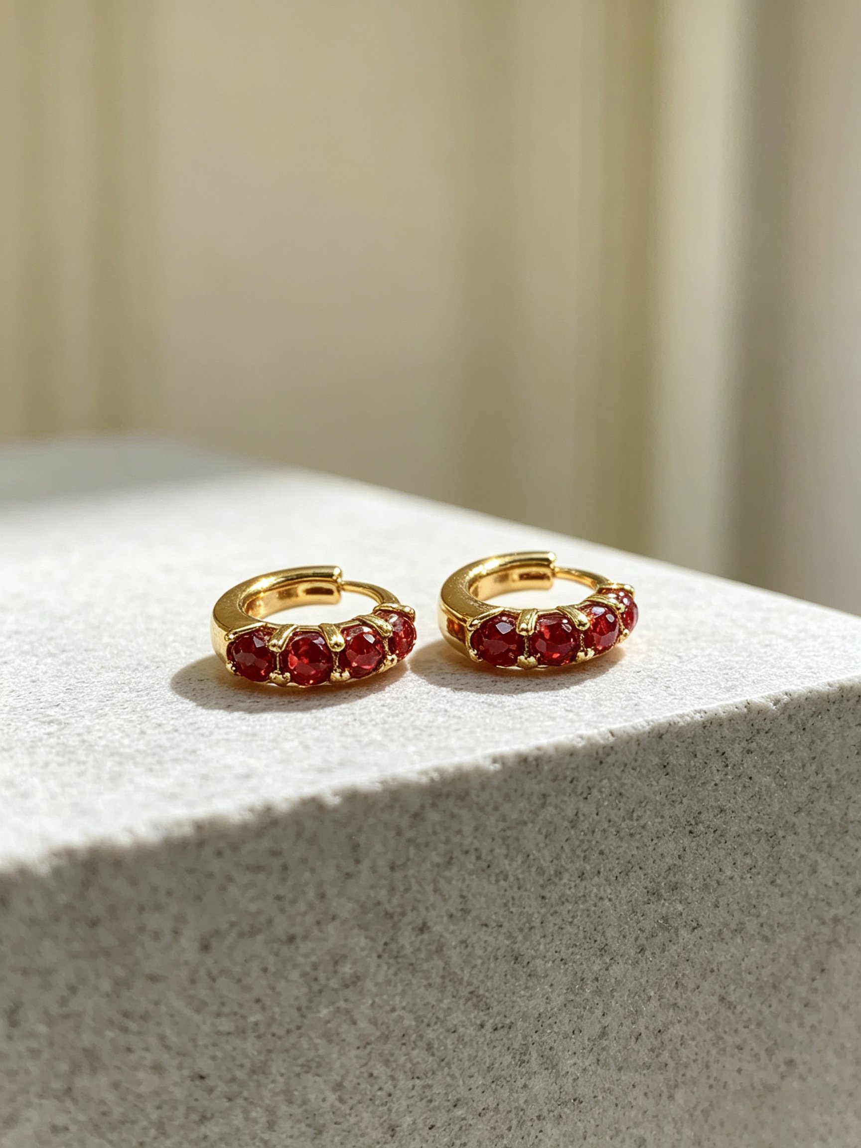 Dainty Gold Hoop Earrings with Ruby Zircon
