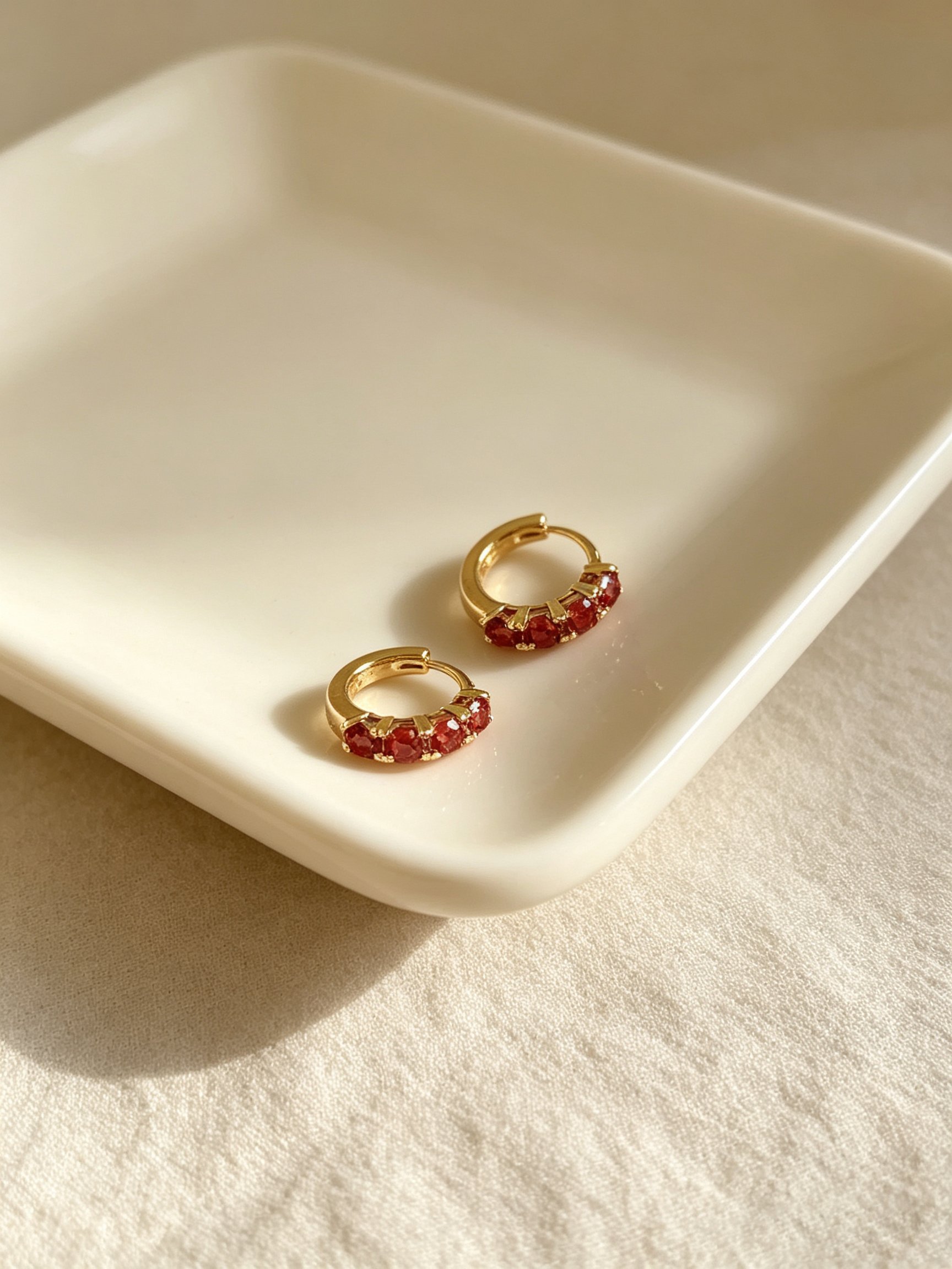 Dainty Gold Hoop Earrings with Ruby Zircon