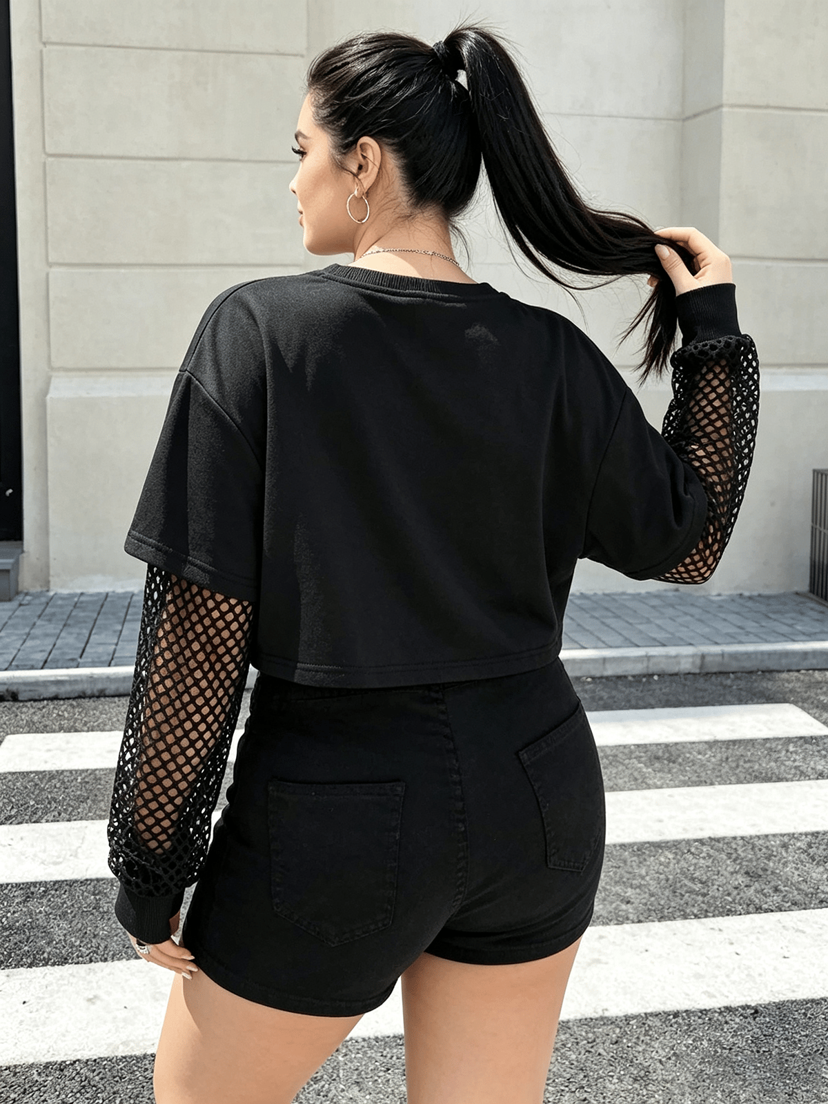 Plus Size Black Mesh Sleeve Crop Top