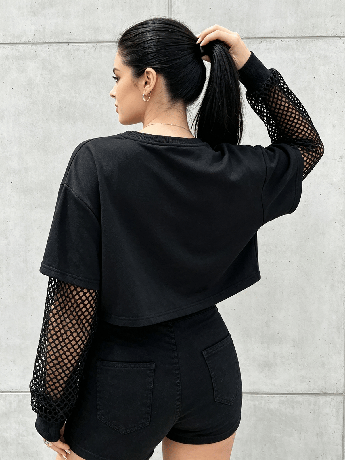 Plus Size Black Mesh Sleeve Crop Top
