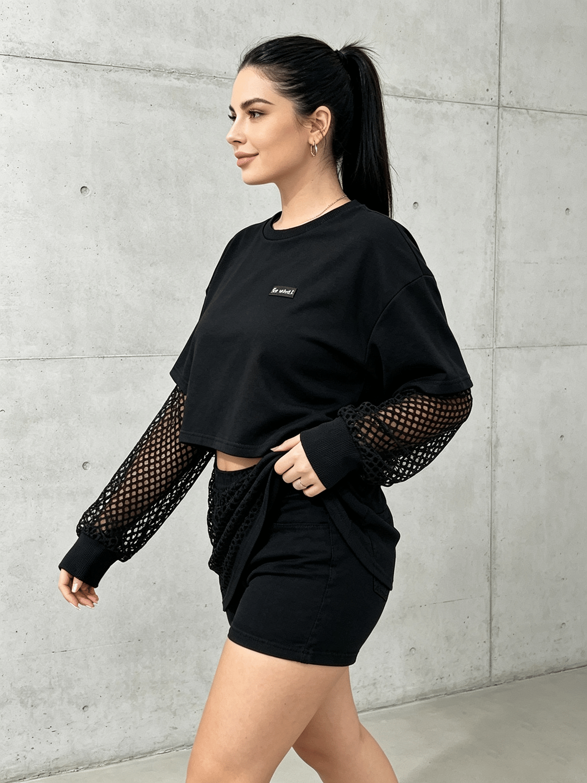 Plus Size Black Mesh Sleeve Crop Top