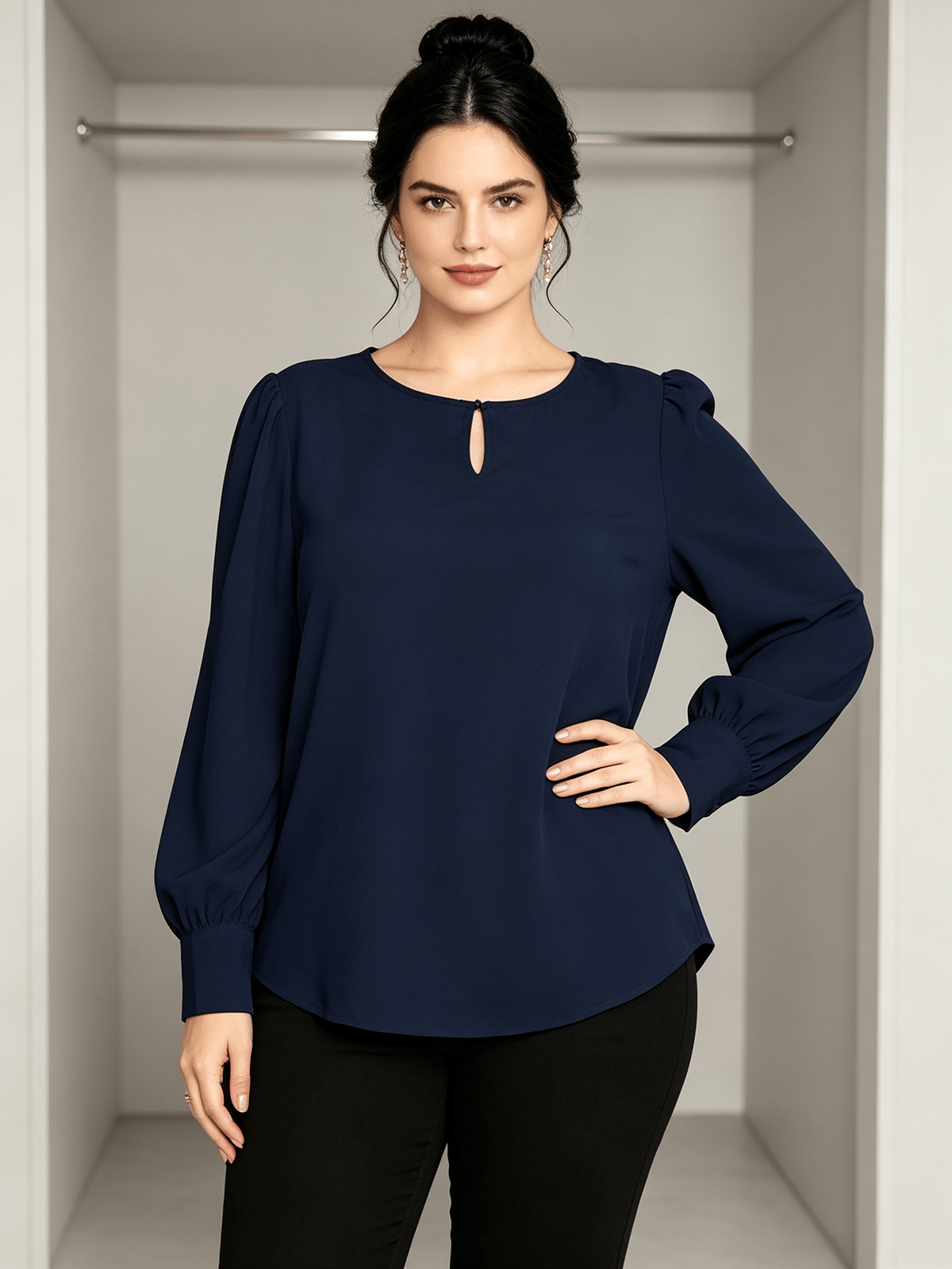 Plus Size Navy Blue Blouse with Puff Sleeves