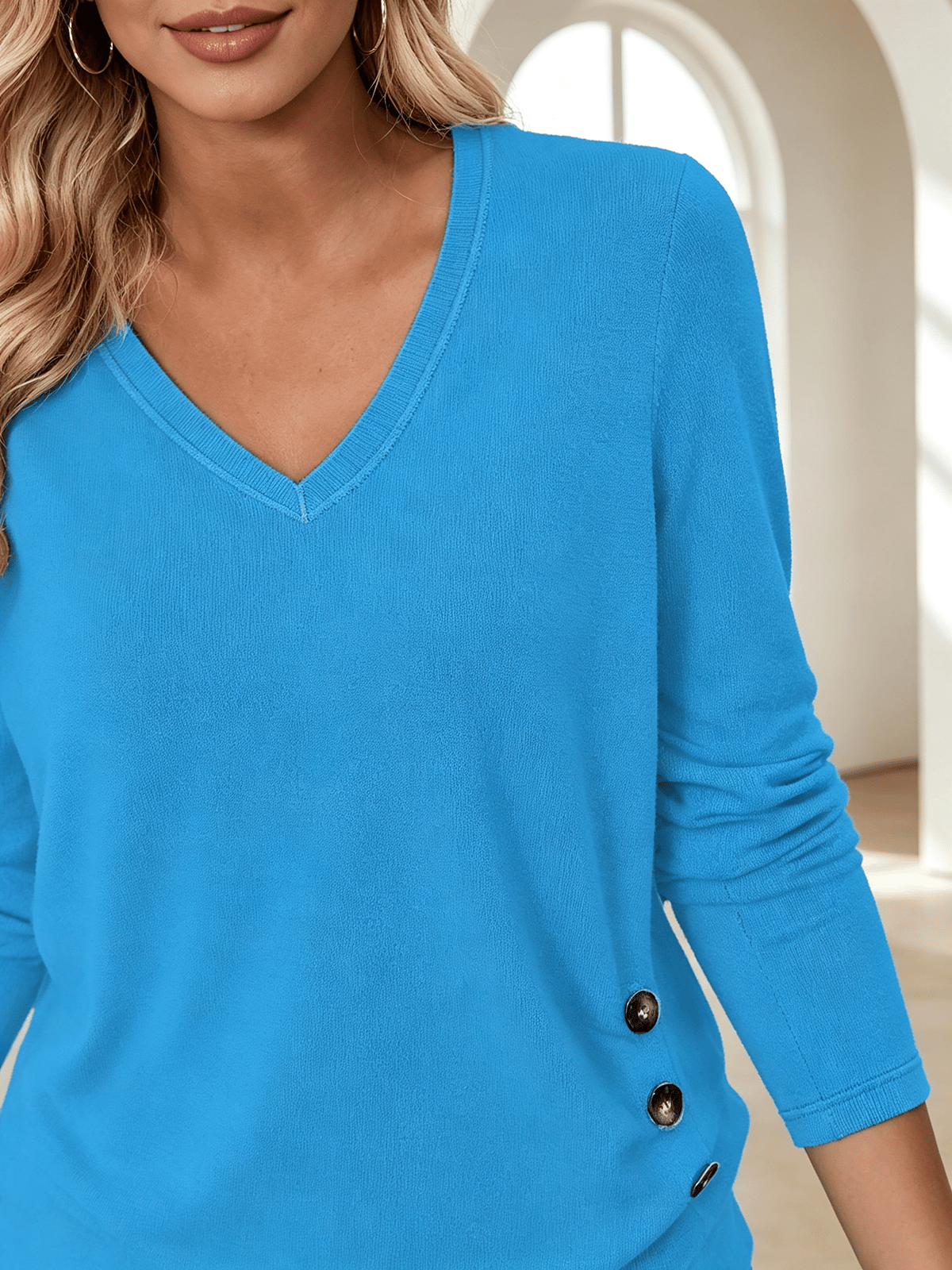 Plus Size Blue V-Neck Tunic with Side Buttons