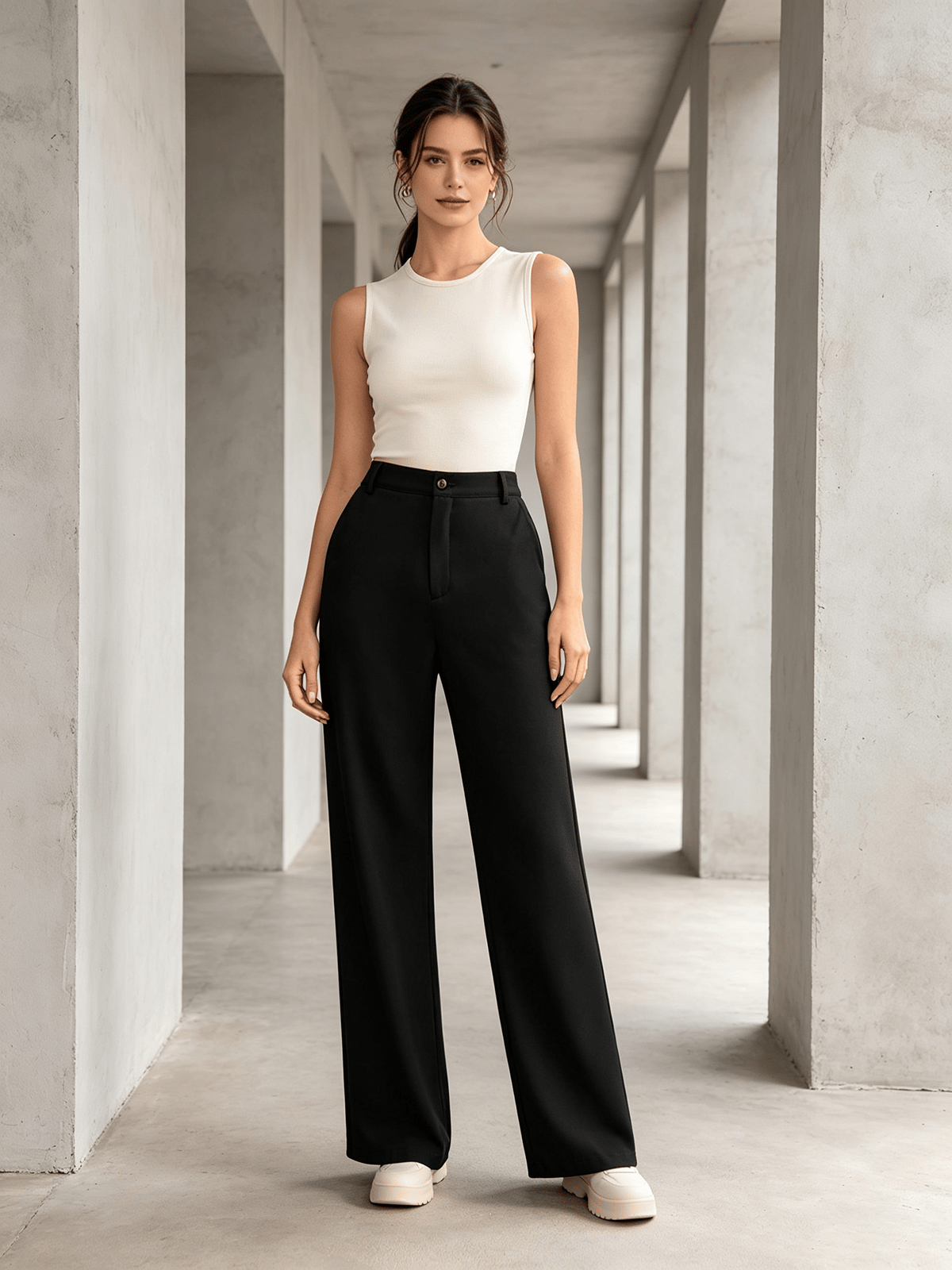 Black Solid Wide-Leg High Rise Trousers