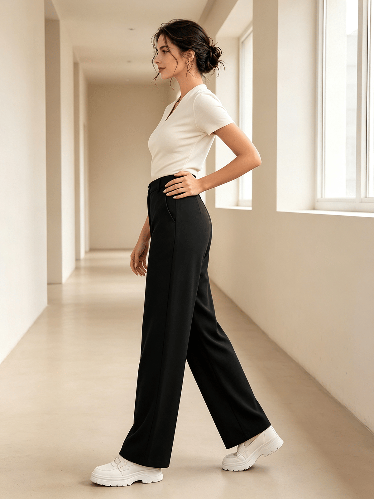 Black Solid Wide-Leg High Rise Trousers