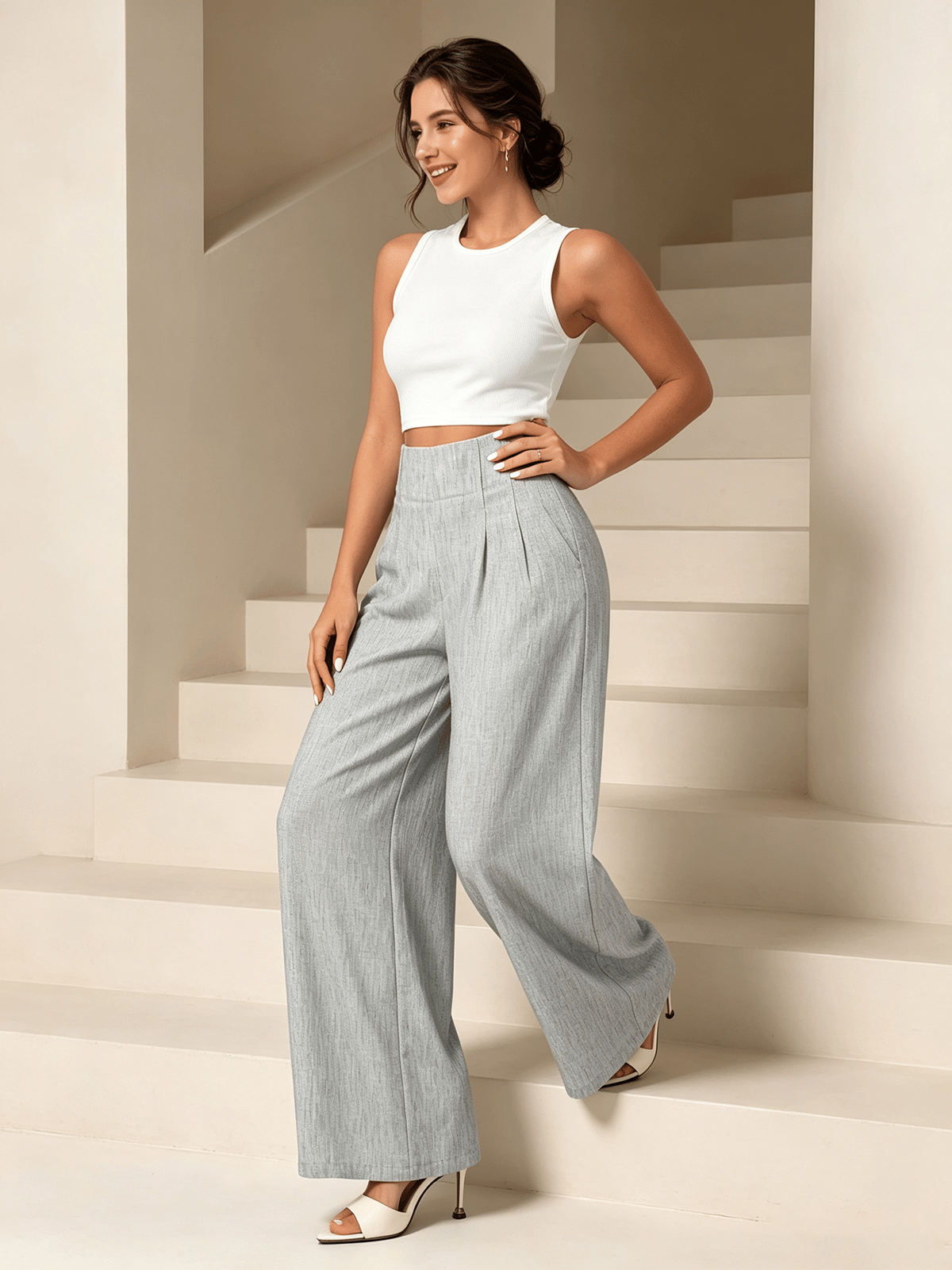 Grey High-Waist Wide-Leg Relaxed Fit Trousers