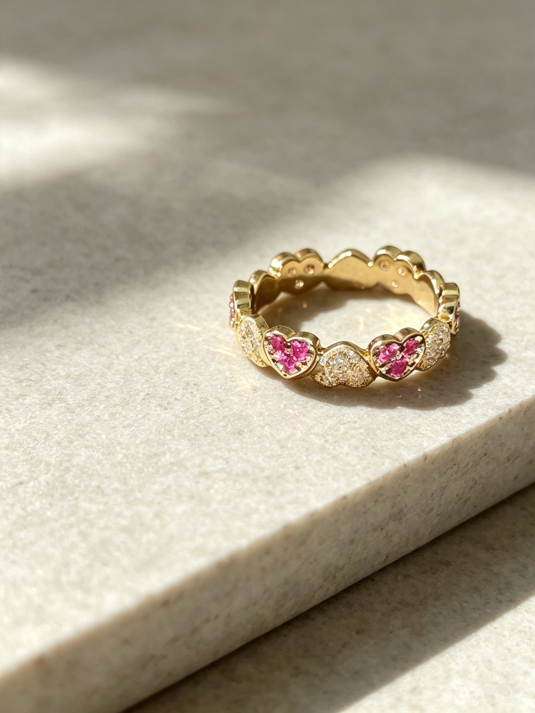 Golden Heart Eternity Ring with Pink Zircons