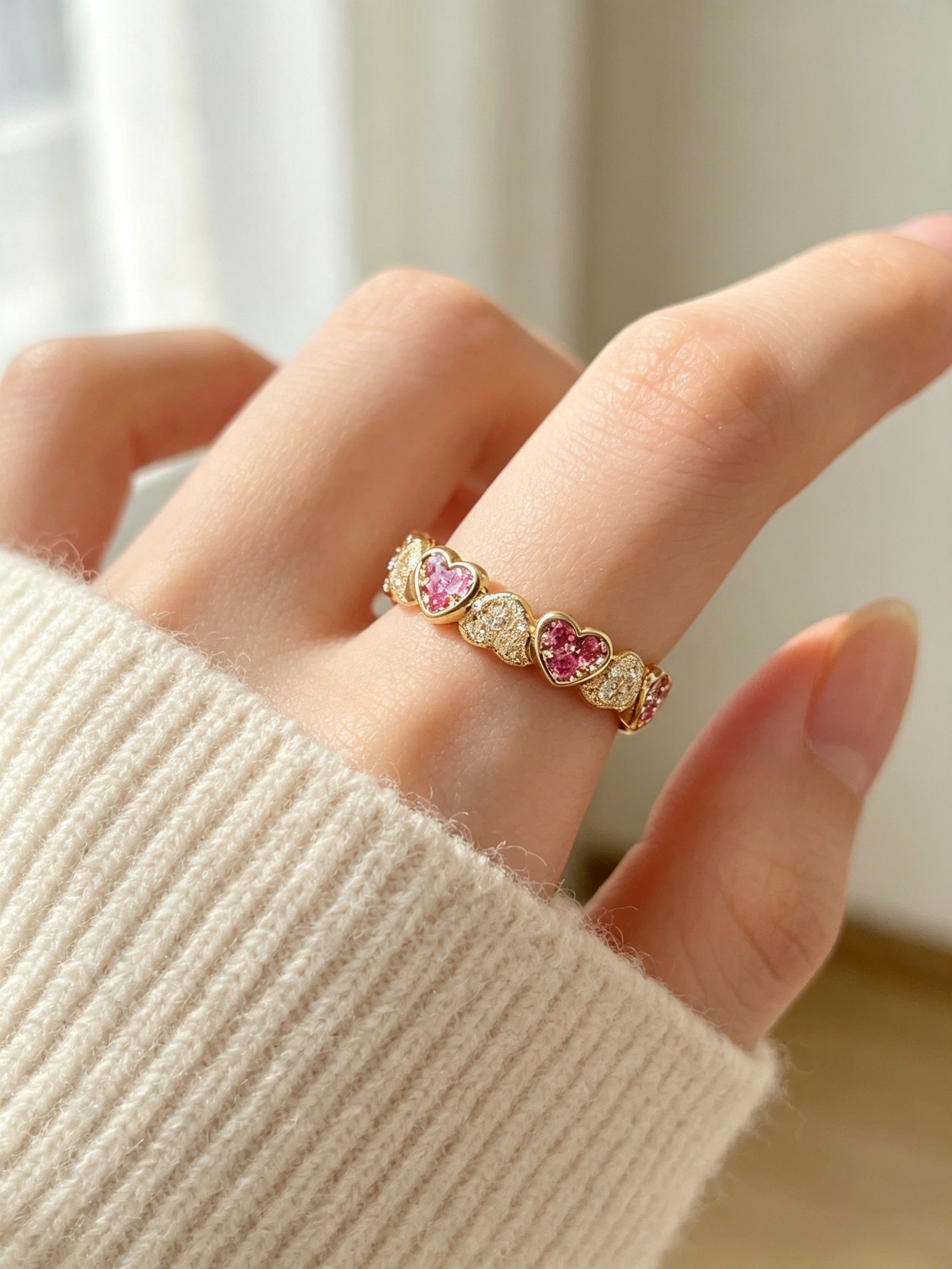 Golden Heart Eternity Ring with Pink Zircons