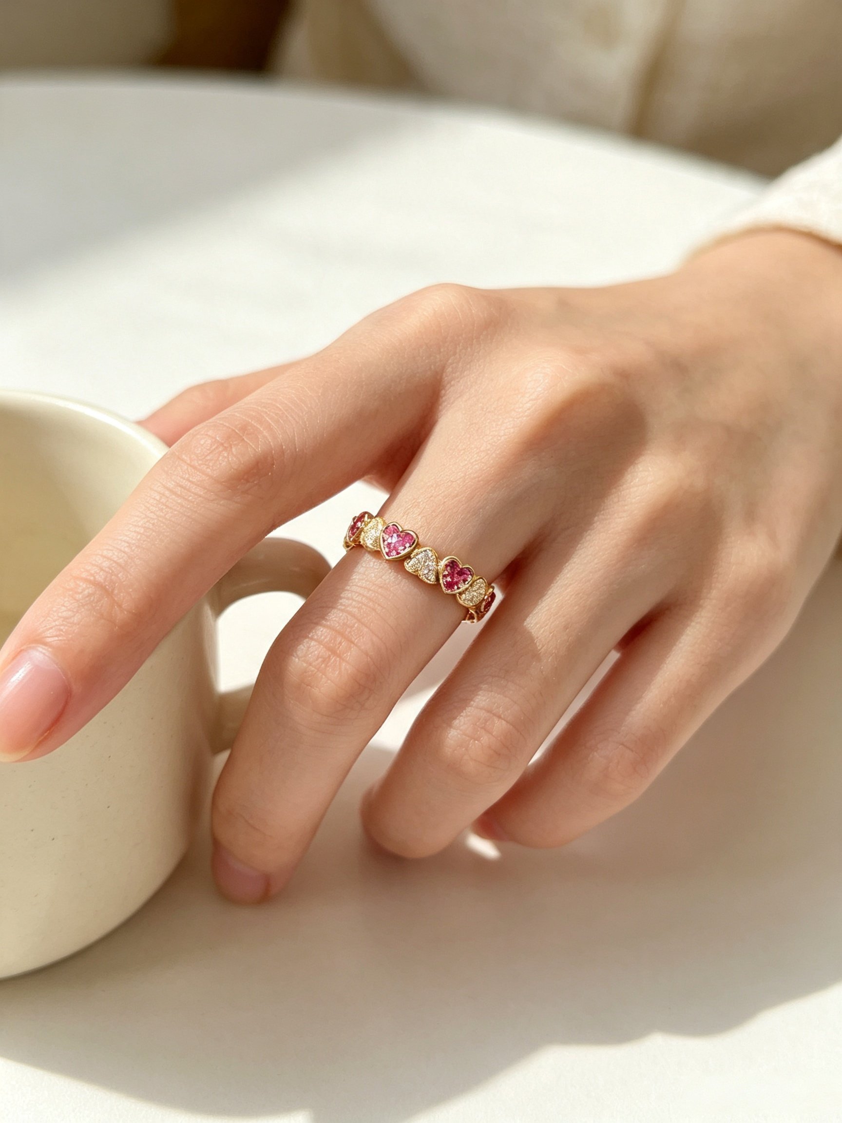 Golden Heart Eternity Ring with Pink Zircons