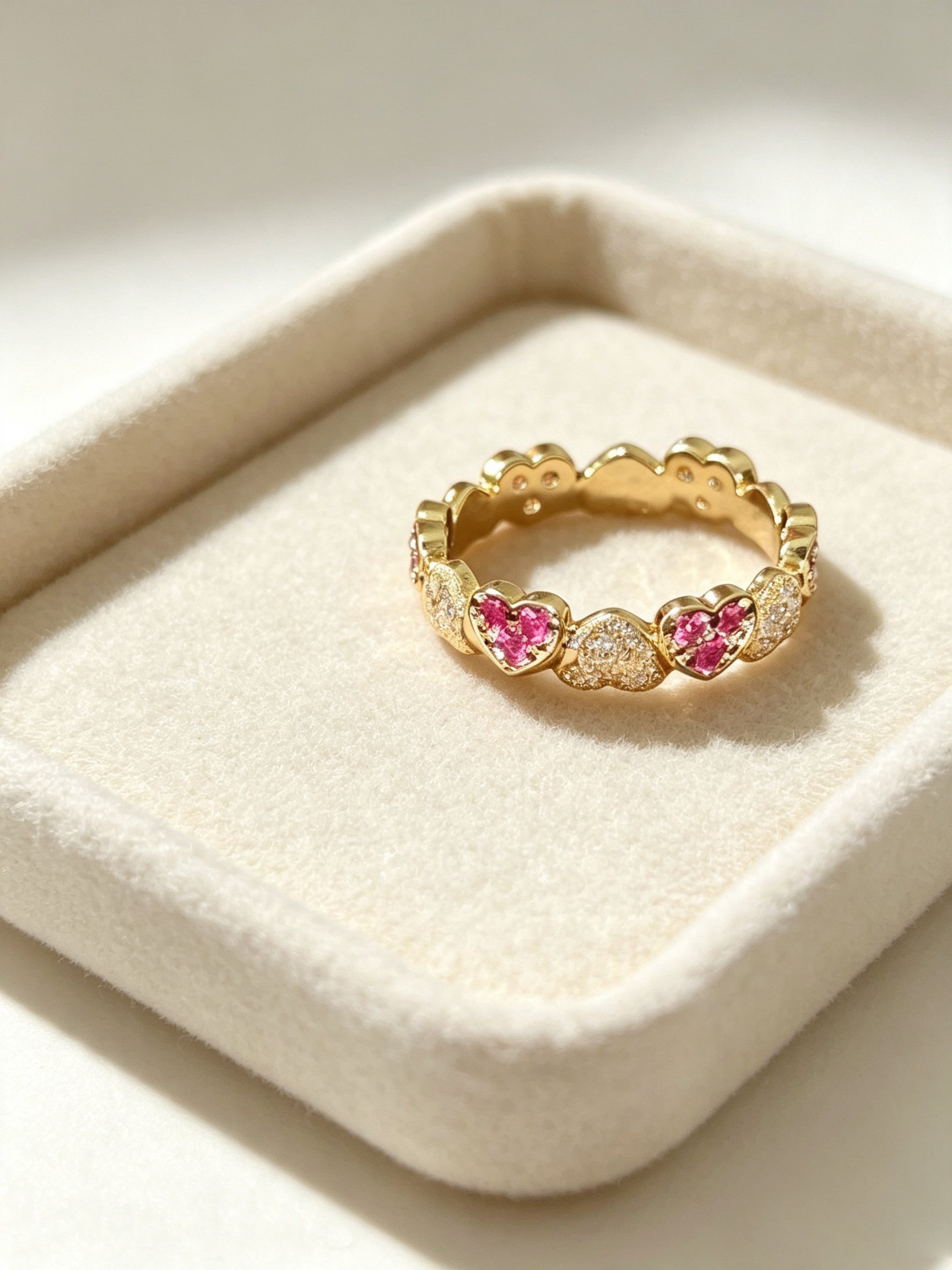 Golden Heart Eternity Ring with Pink Zircons