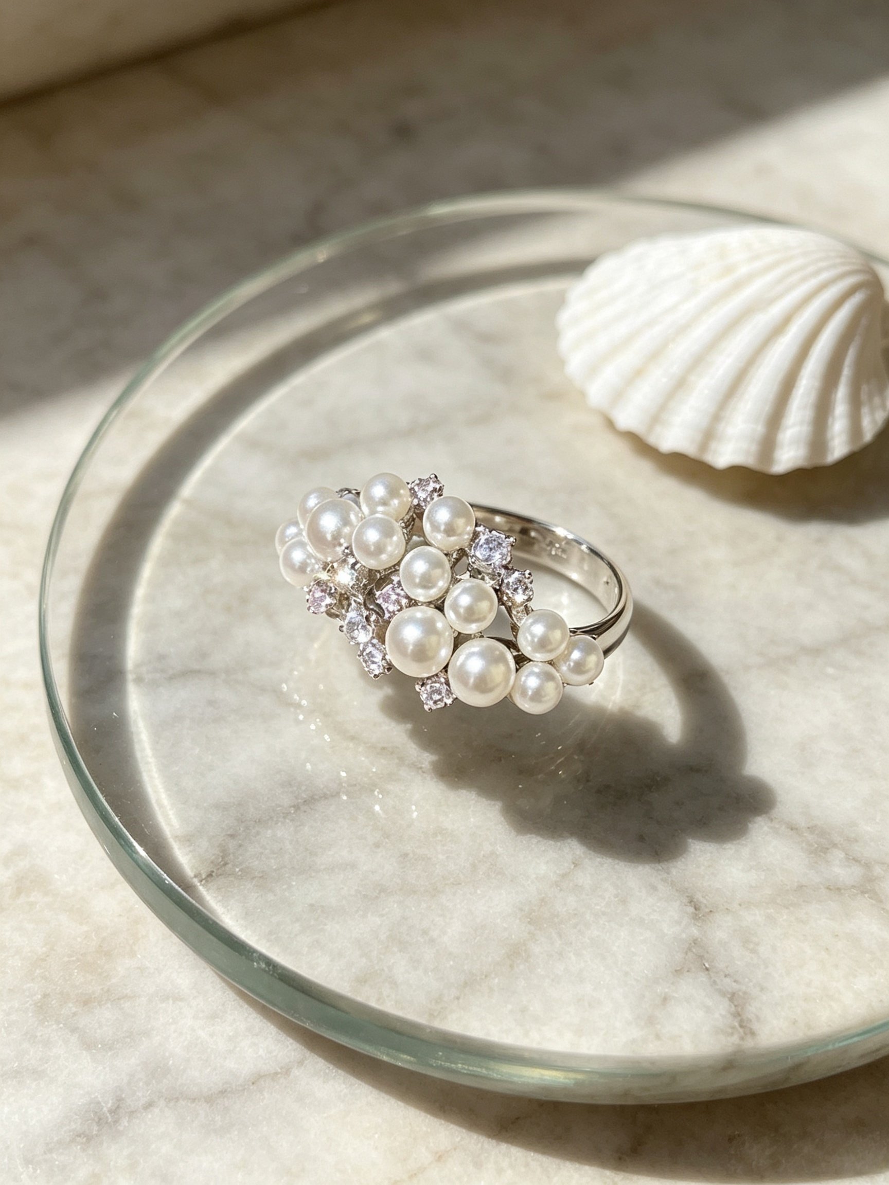 Silver Pearl and Zircon Ring