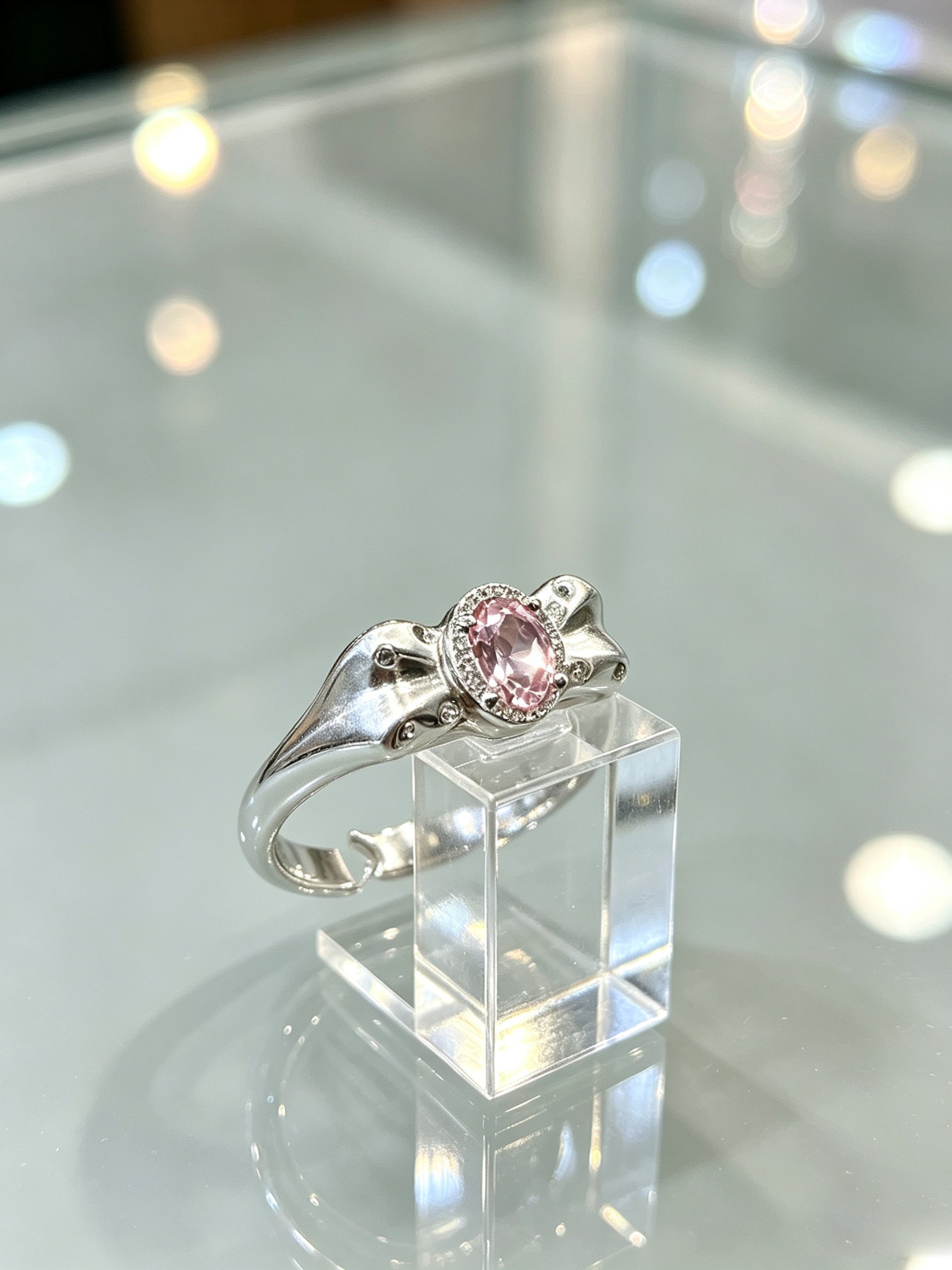 Silver Bow Ring with Pink Zircon