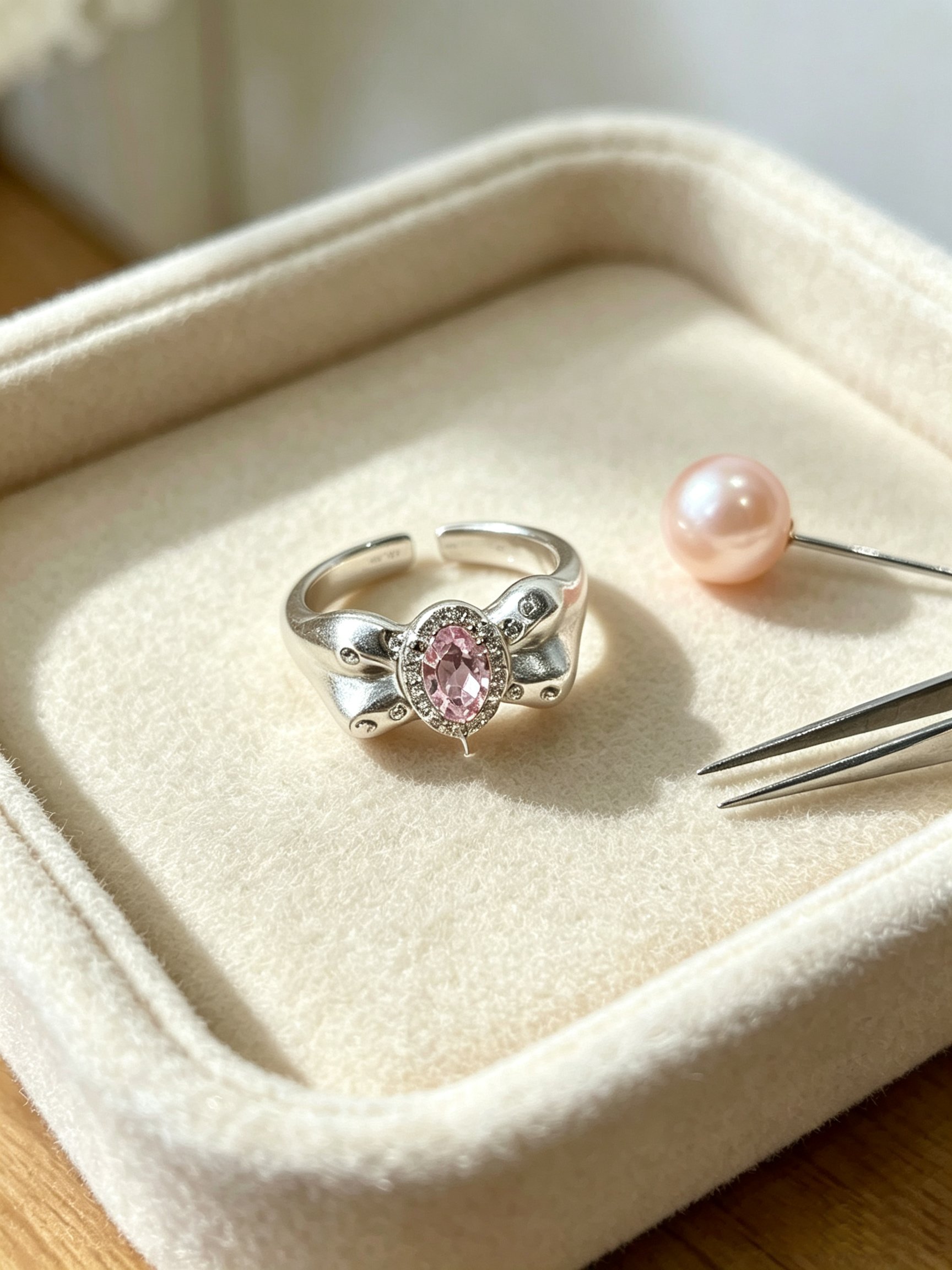 Silver Bow Ring with Pink Zircon
