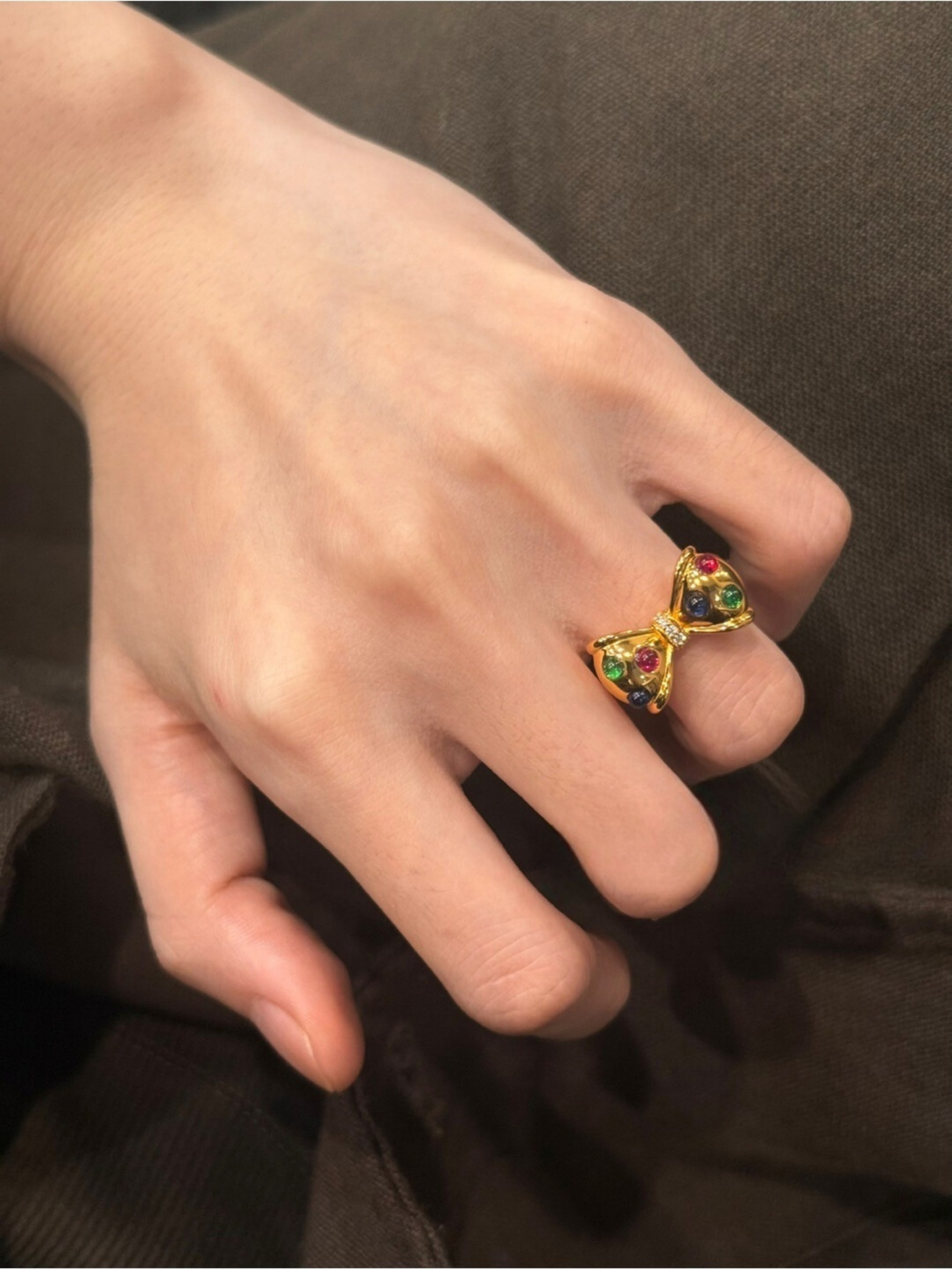 Gold Bow Ring with Multi-Colored Gemstones