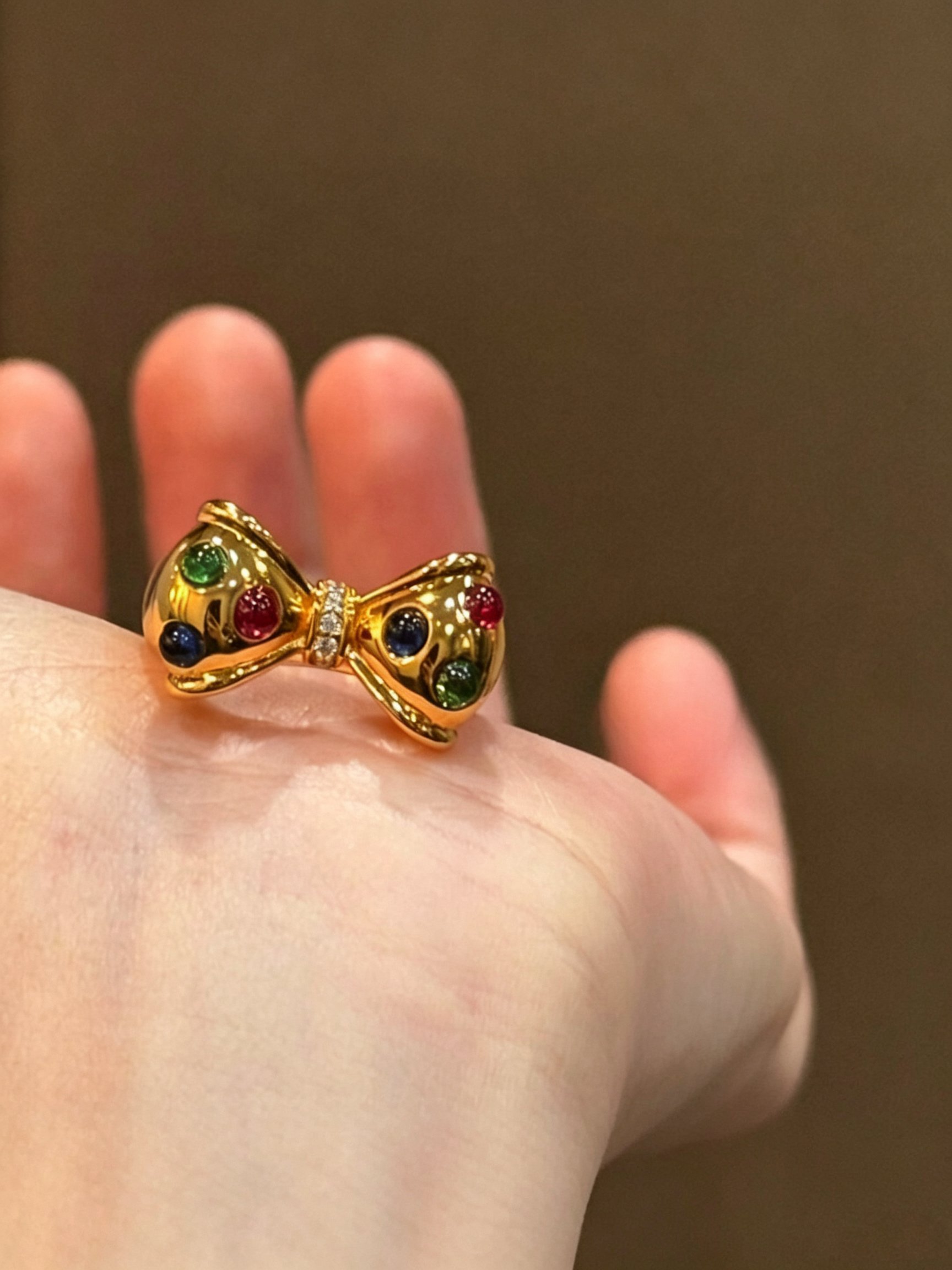 Gold Bow Ring with Multi-Colored Gemstones