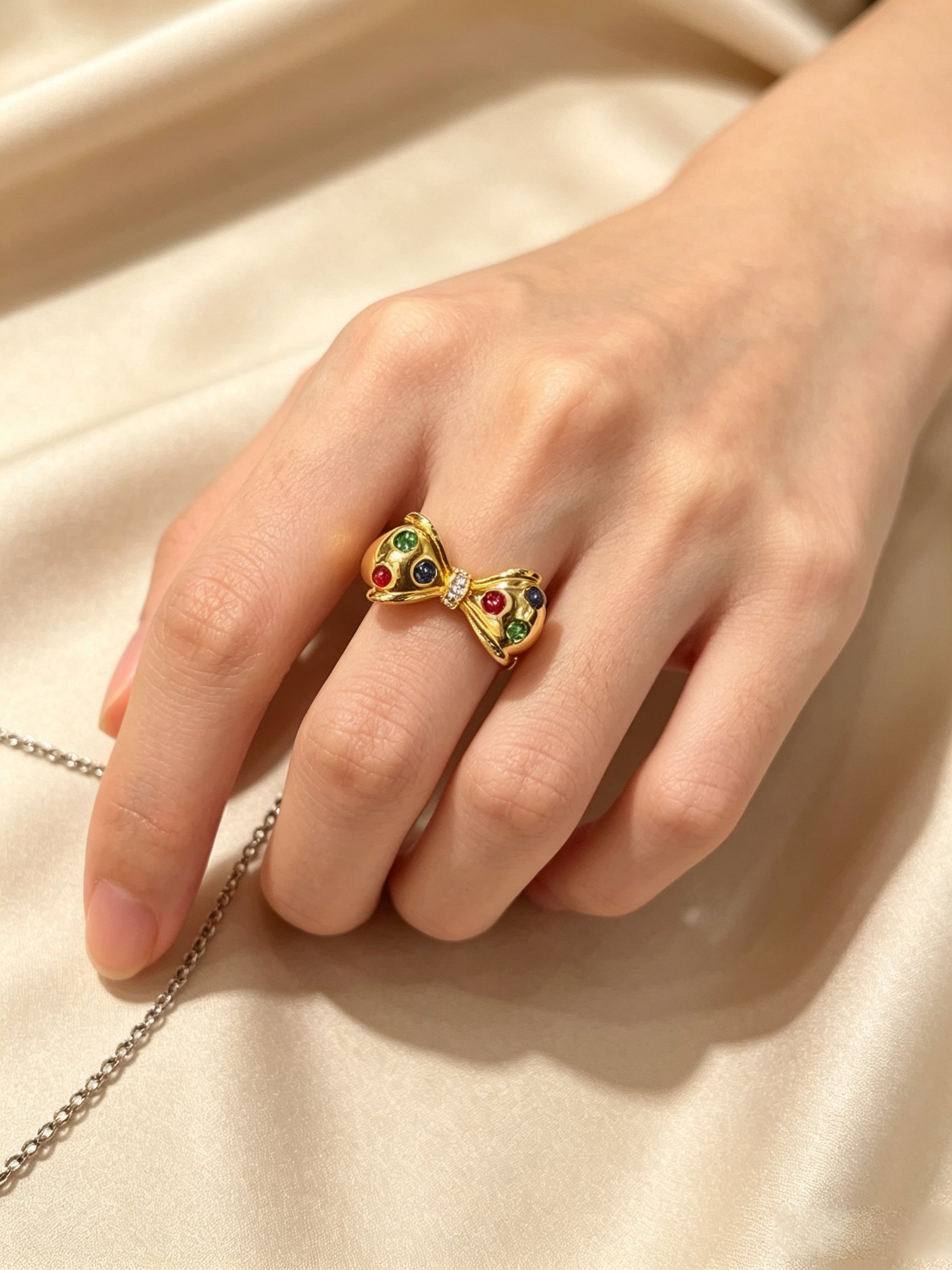 Gold Bow Ring with Multi-Colored Gemstones