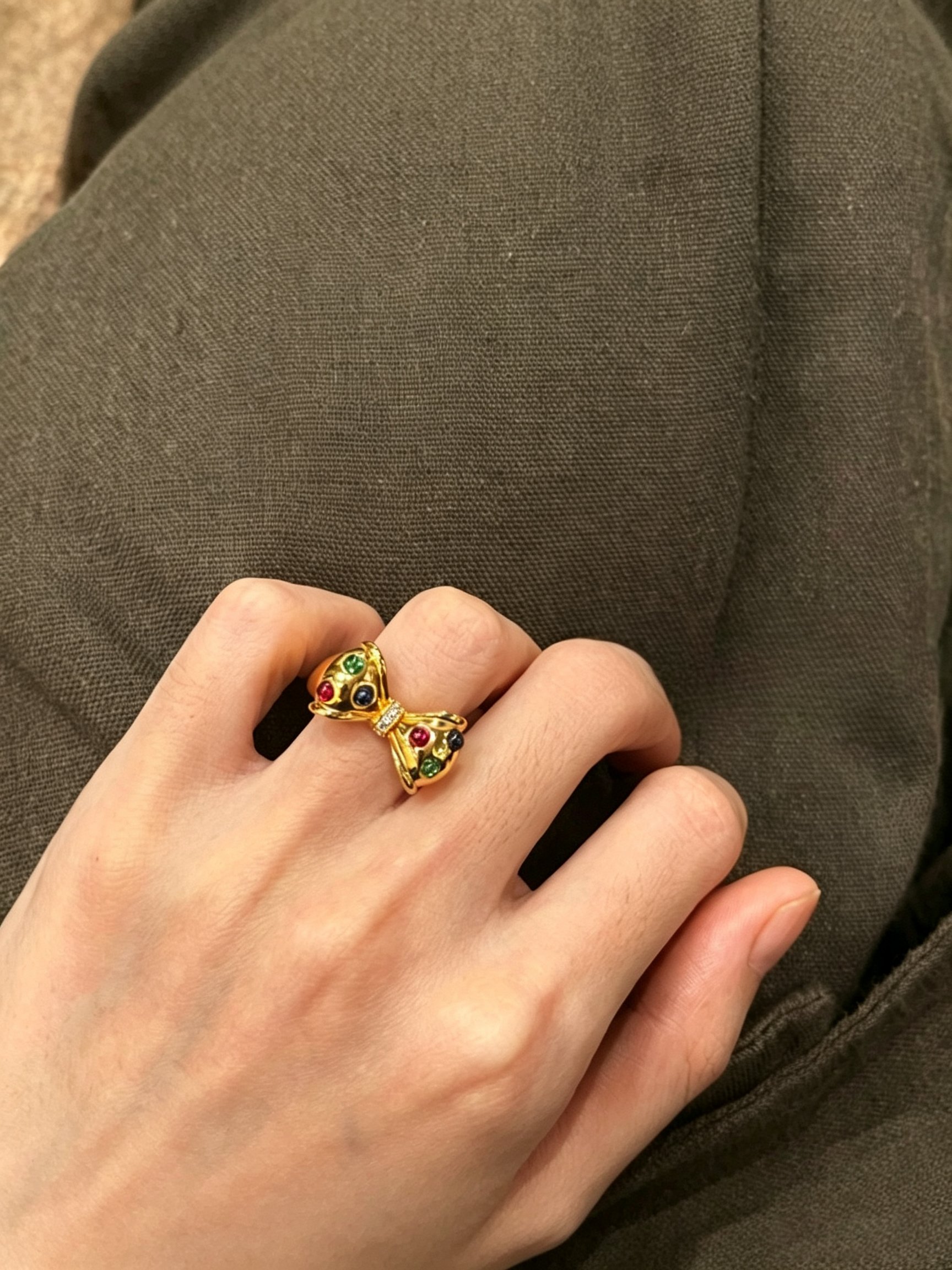 Gold Bow Ring with Multi-Colored Gemstones
