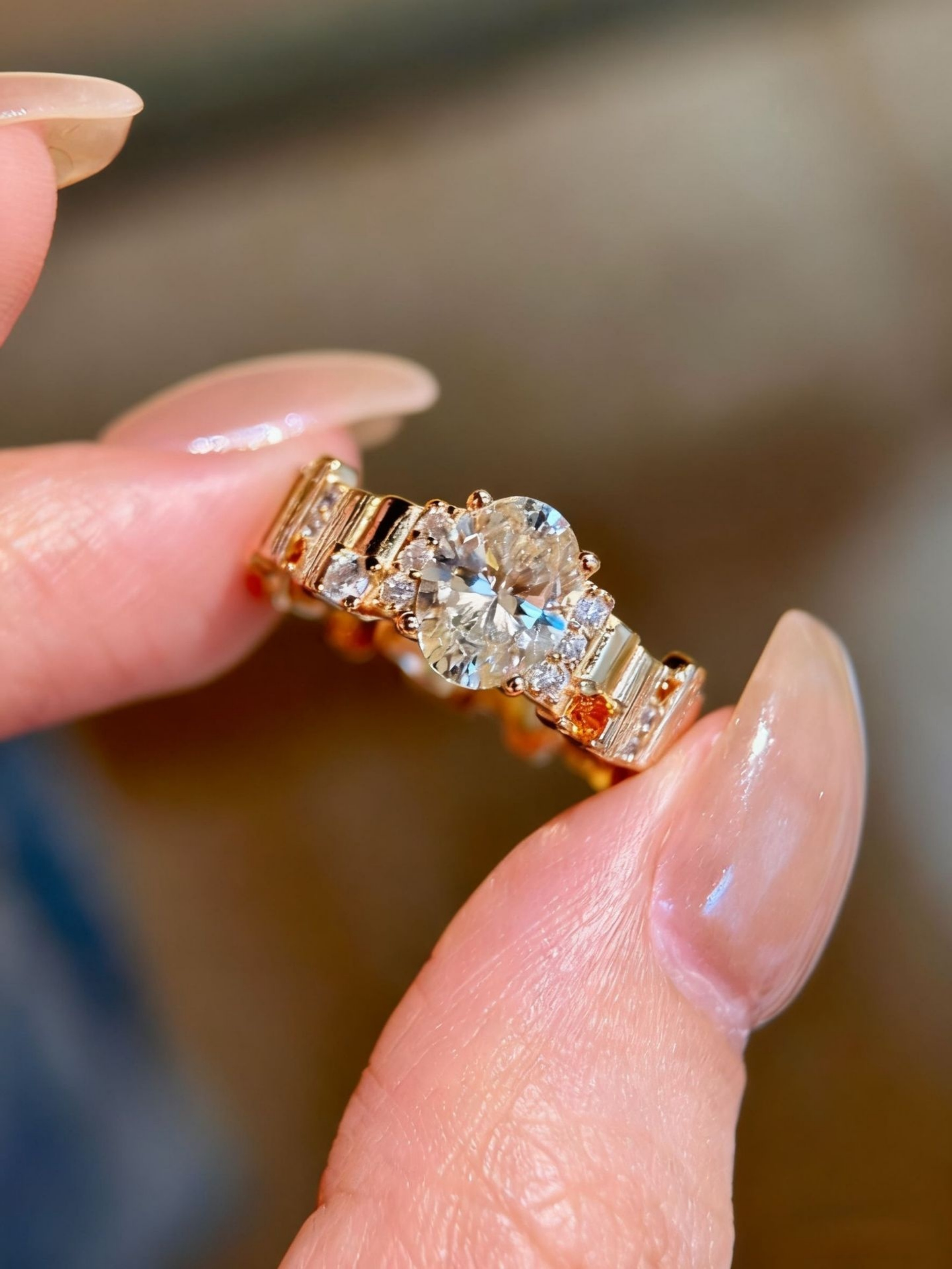 Gold Oval and Baguette Embellished Ring