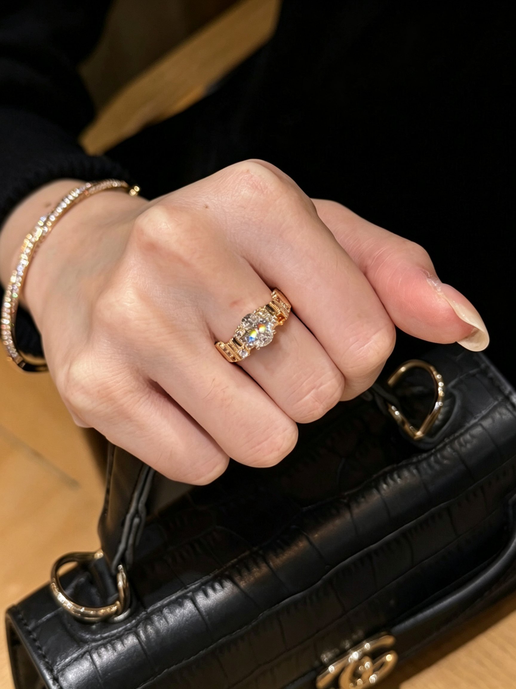 Gold Oval and Baguette Embellished Ring