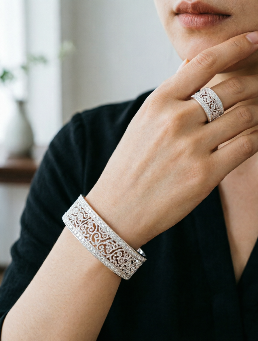 Silver Cubic Zirconia Openwork Bracelet and Ring Set