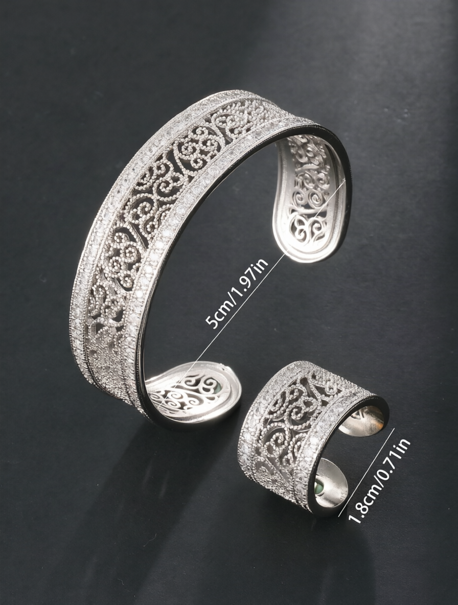 Silver Cubic Zirconia Openwork Bracelet and Ring Set