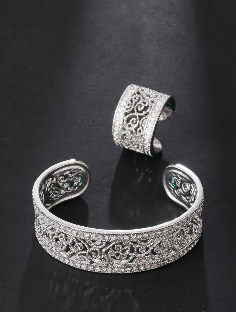 Silver Cubic Zirconia Openwork Bracelet and Ring Set