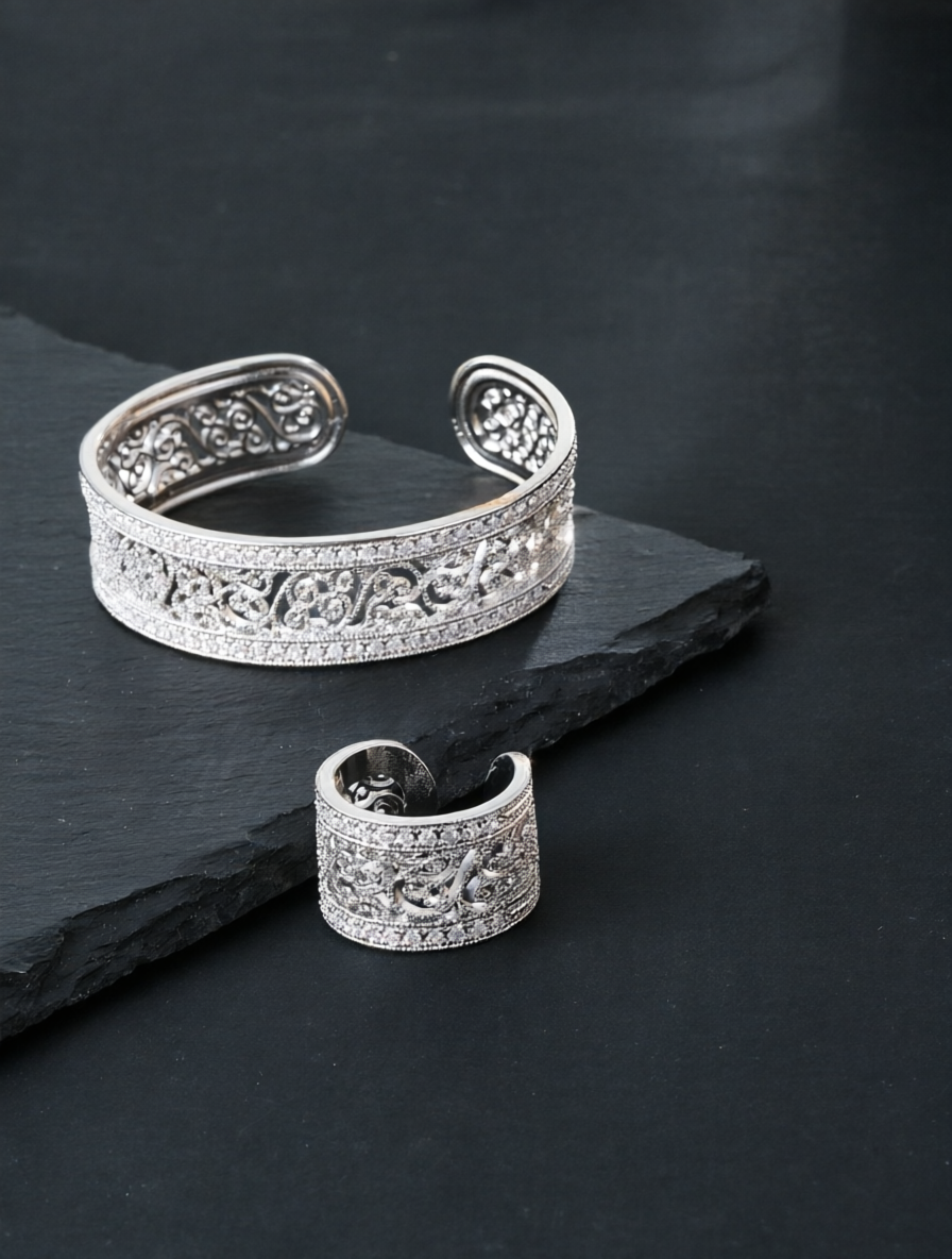 Silver Cubic Zirconia Openwork Bracelet and Ring Set