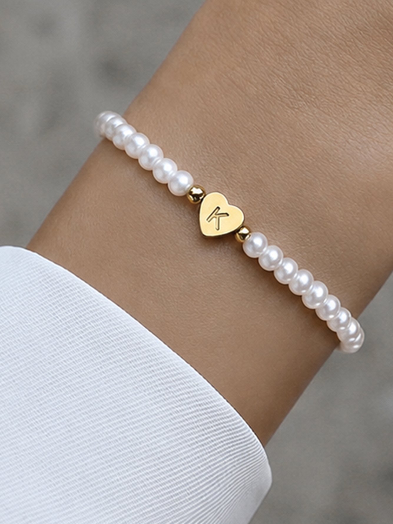 Pearl Beaded Bracelet with Gold Initial Heart Charm