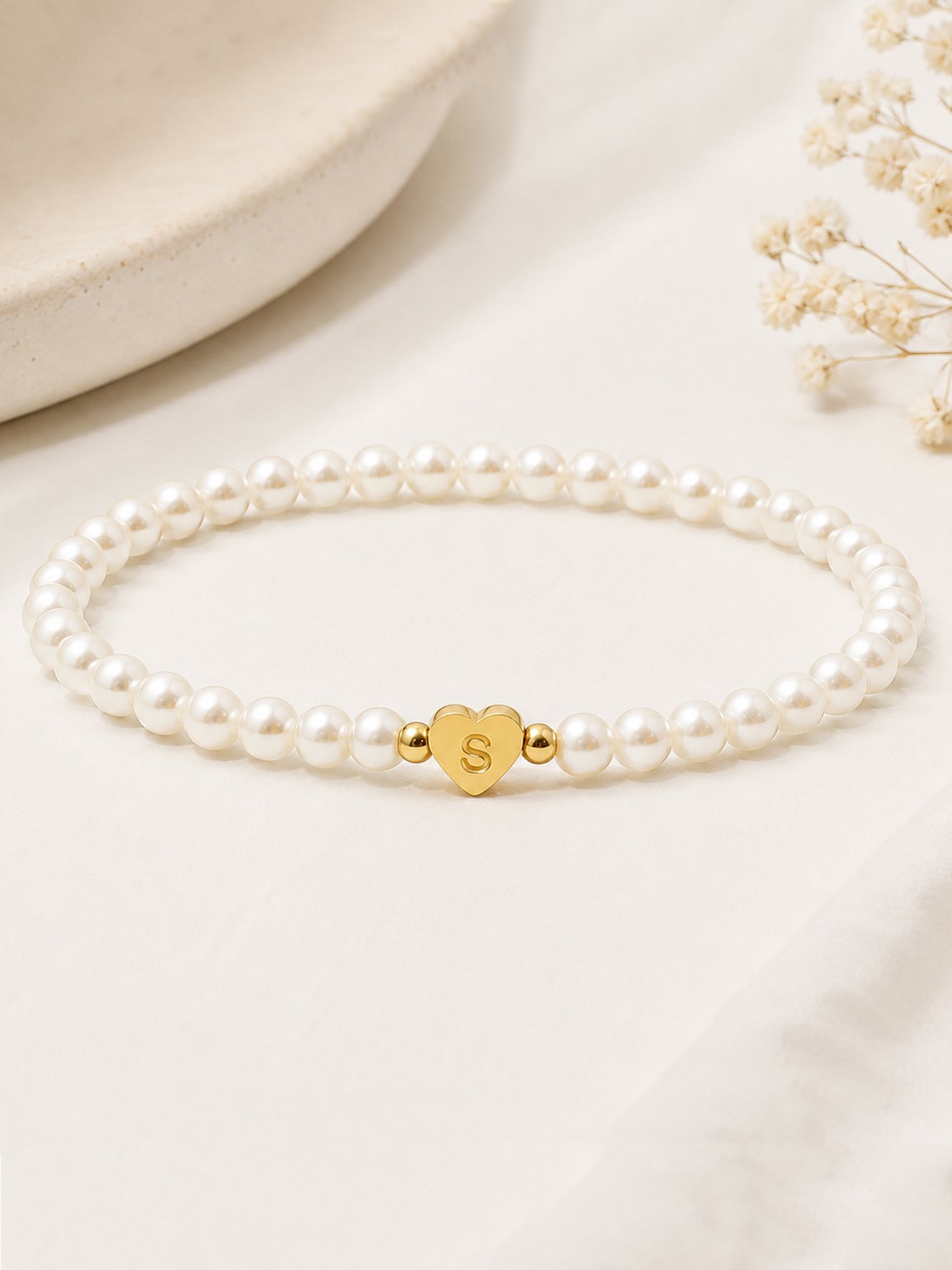 Personalized Gold Heart Initial Pearl Bracelet