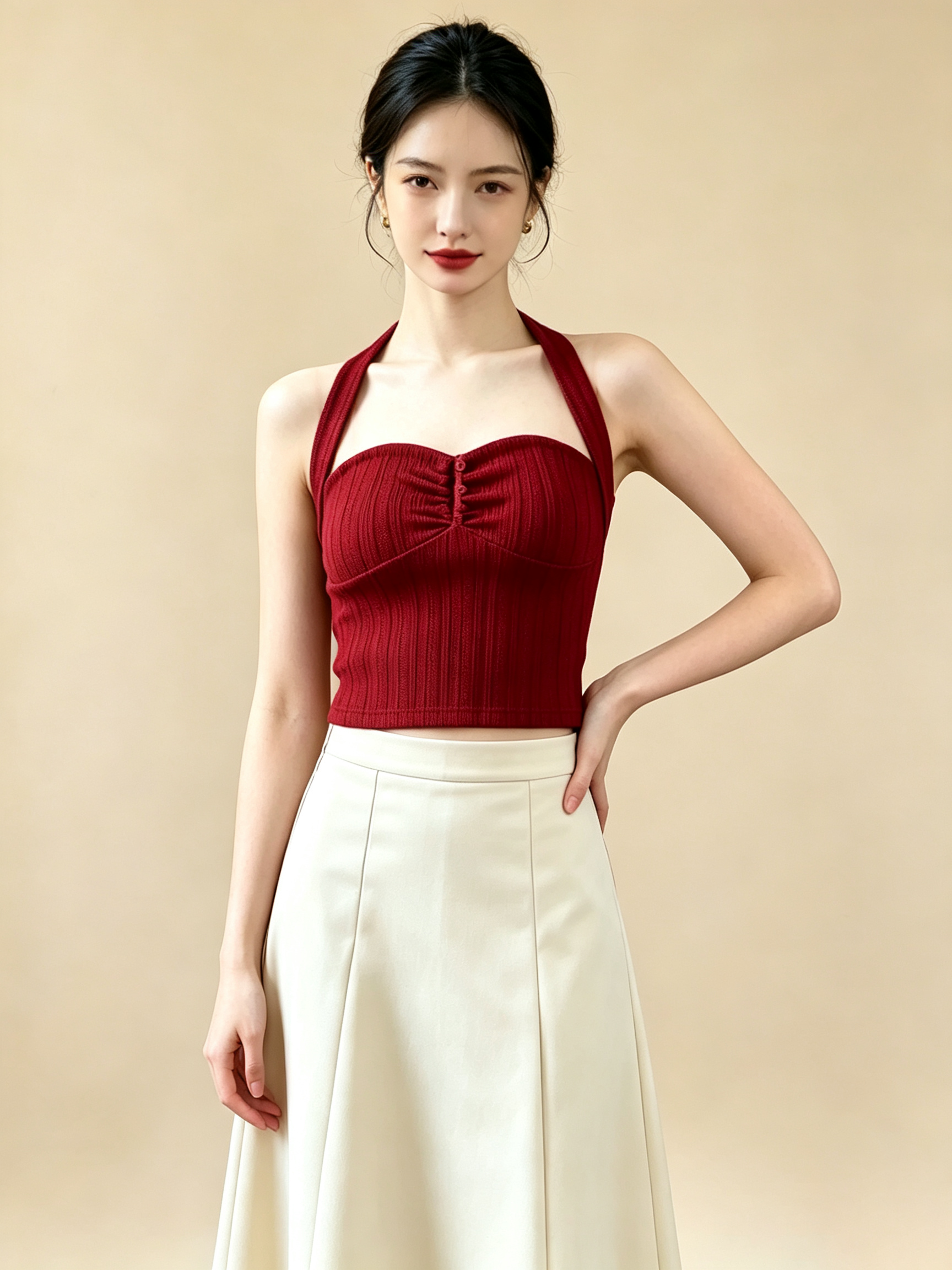 Burgundy Halter Neck Ribbed Knit Crop Top