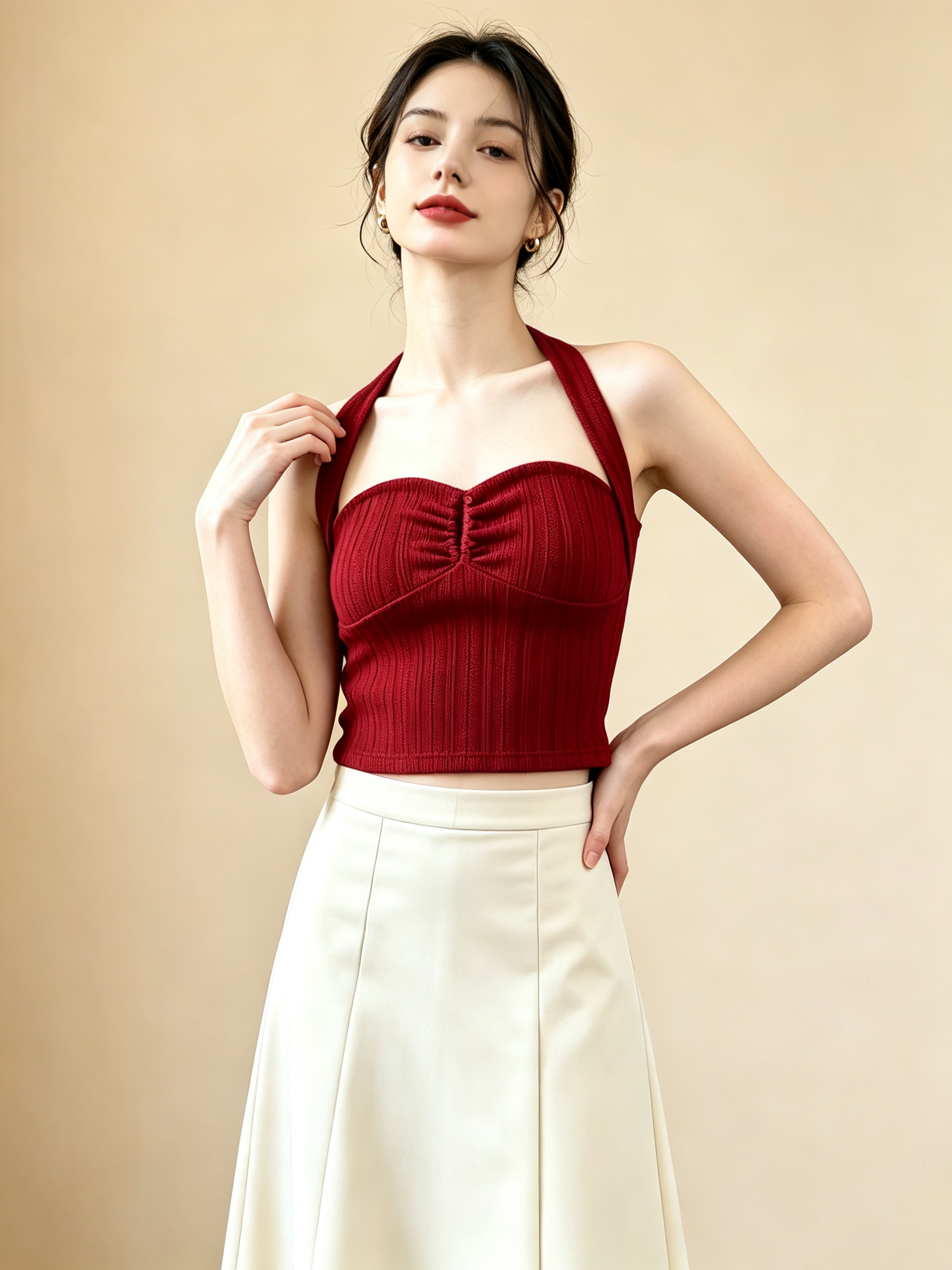 Burgundy Halter Neck Ribbed Knit Crop Top