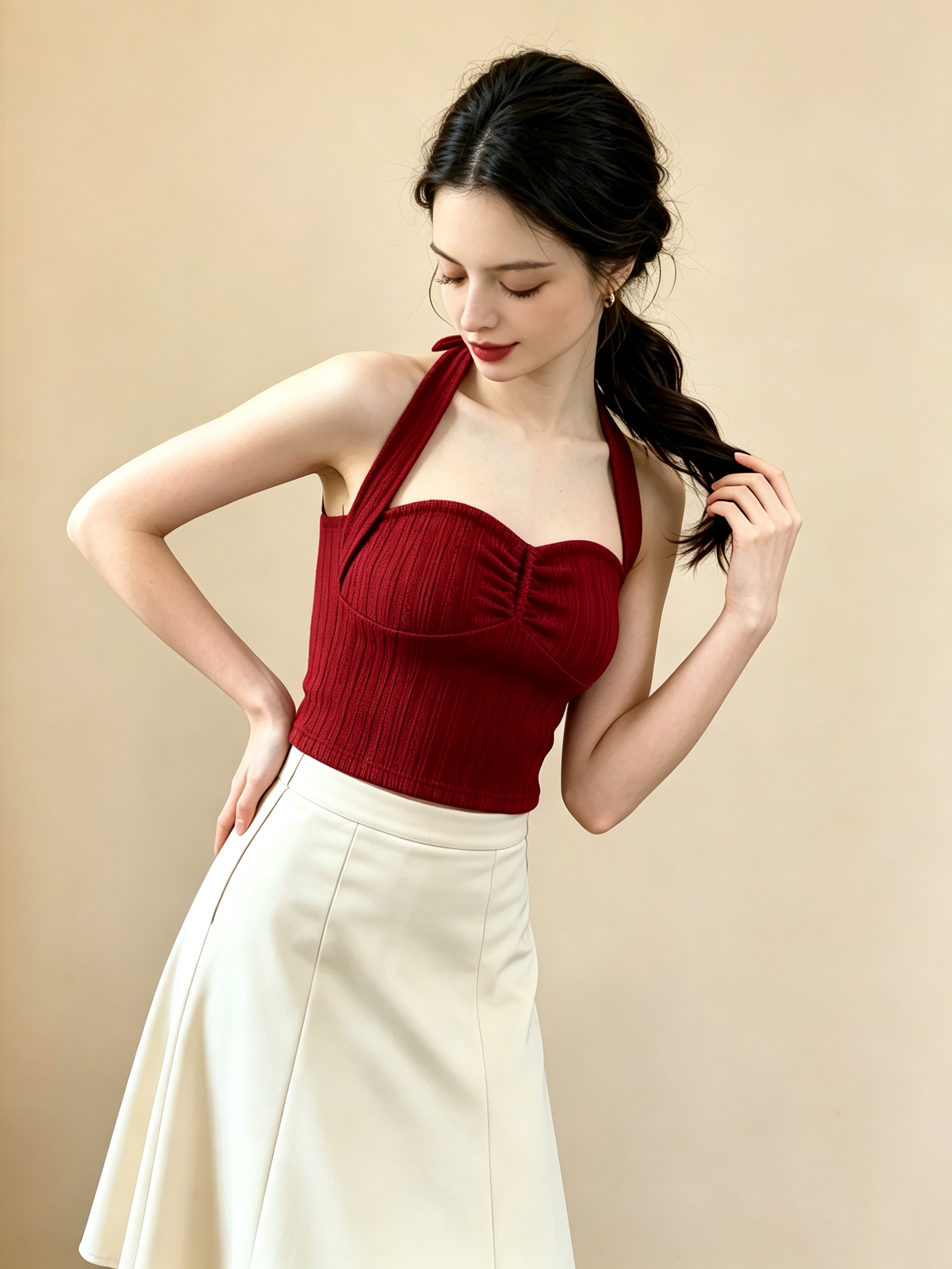 Burgundy Halter Neck Ribbed Knit Crop Top