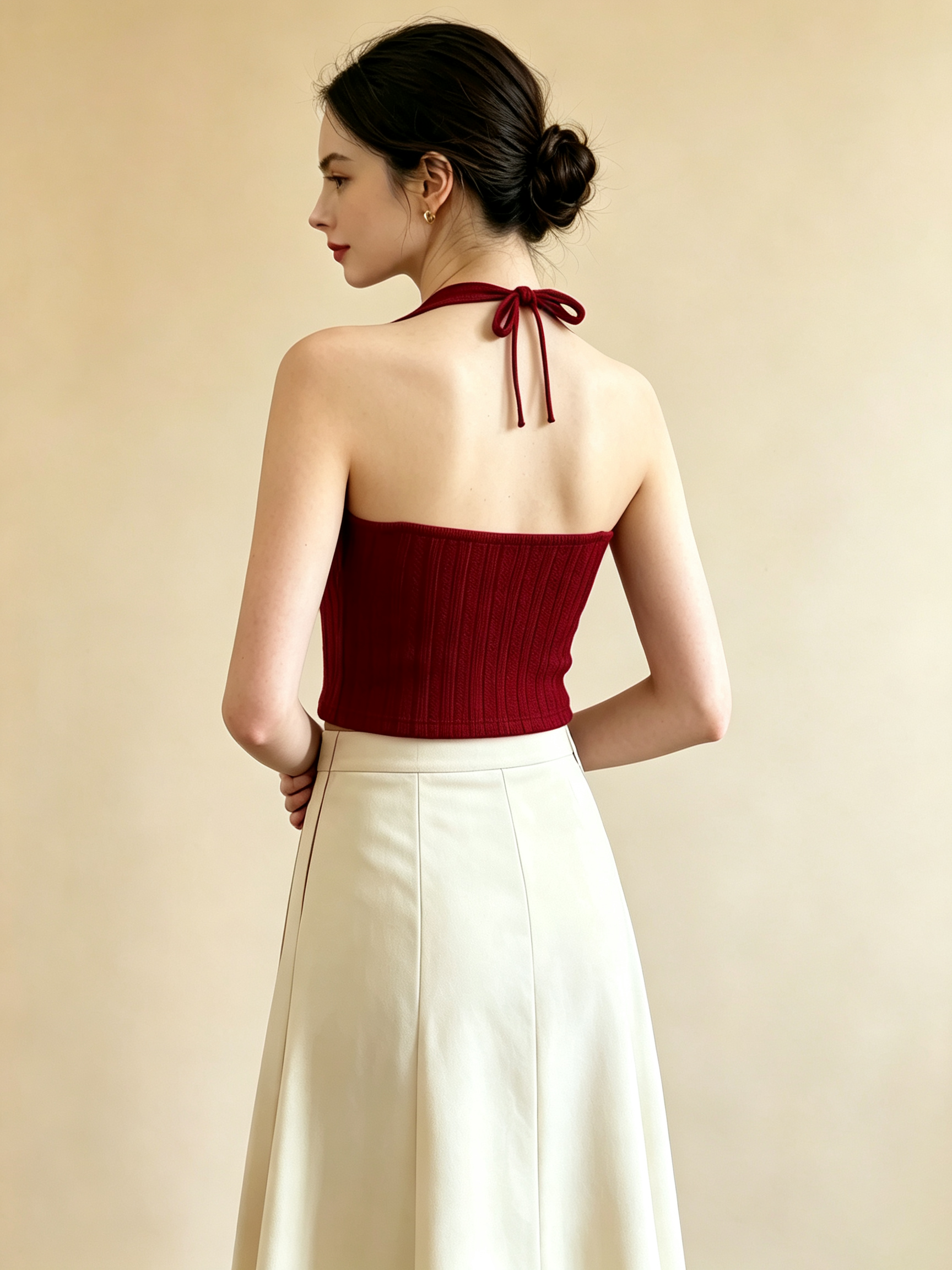 Burgundy Halter Neck Ribbed Knit Crop Top