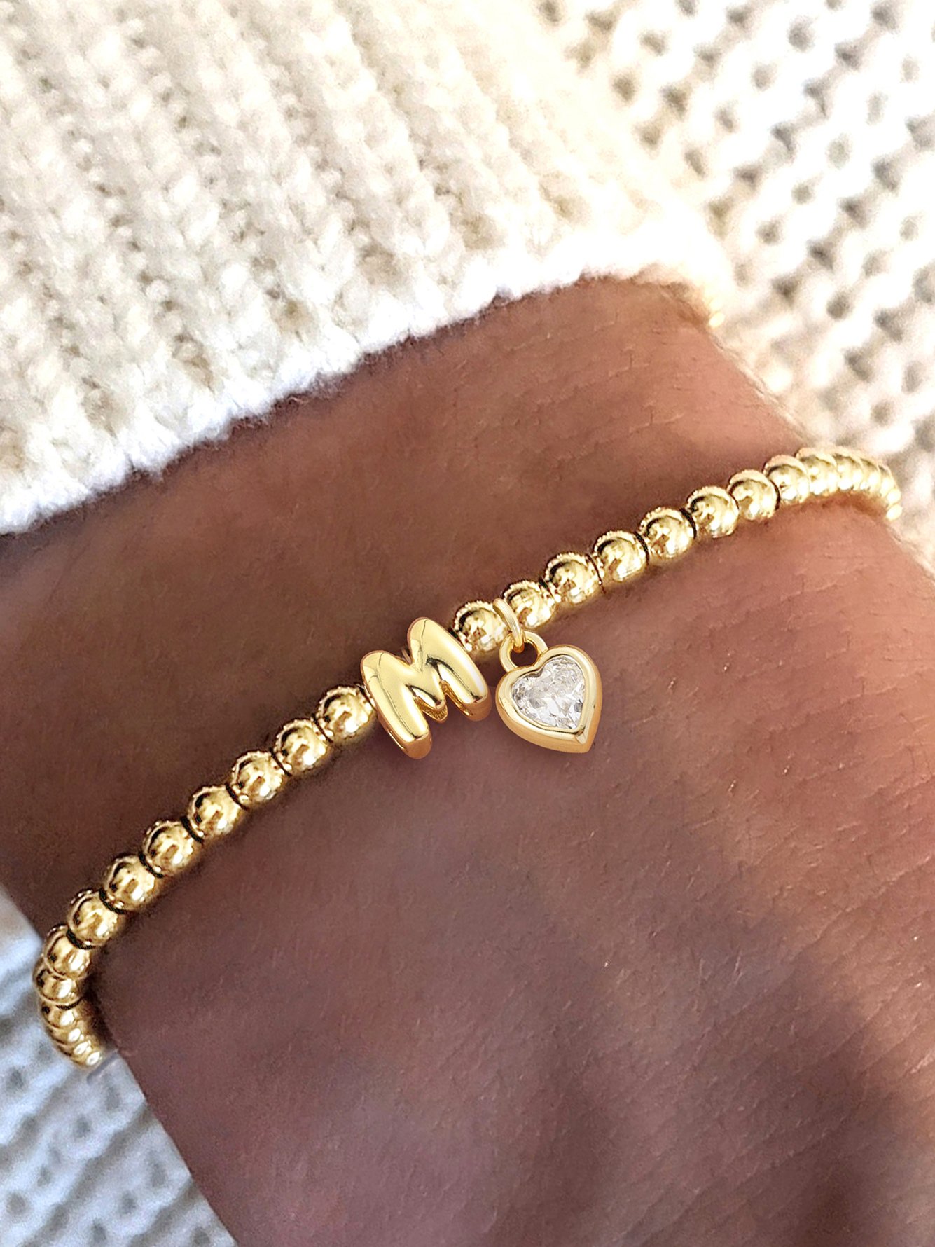 Gold Beaded Initial Bracelet with Heart Charm