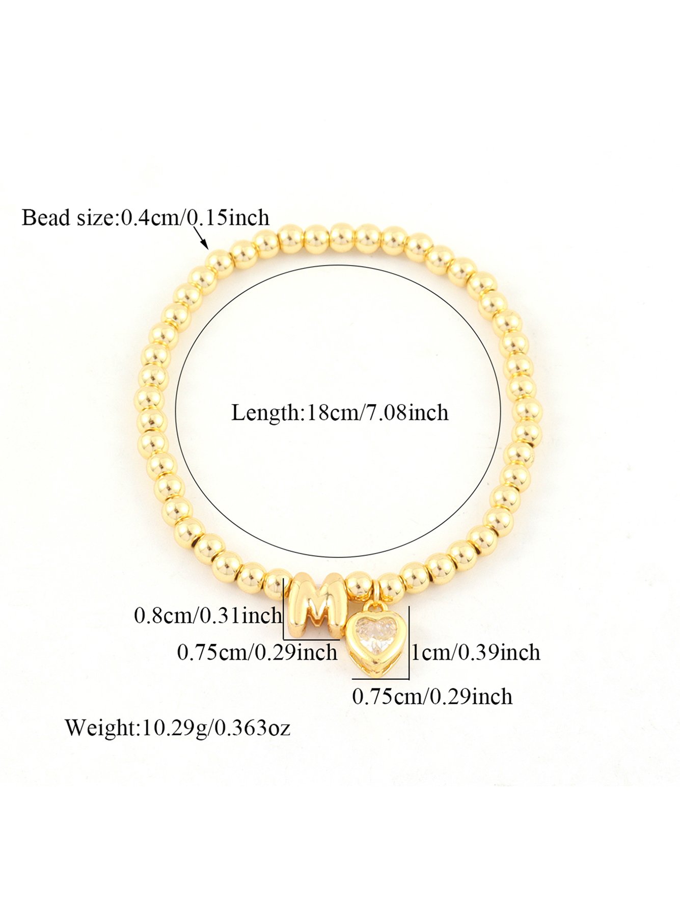 Gold Beaded Initial Bracelet with Heart Charm