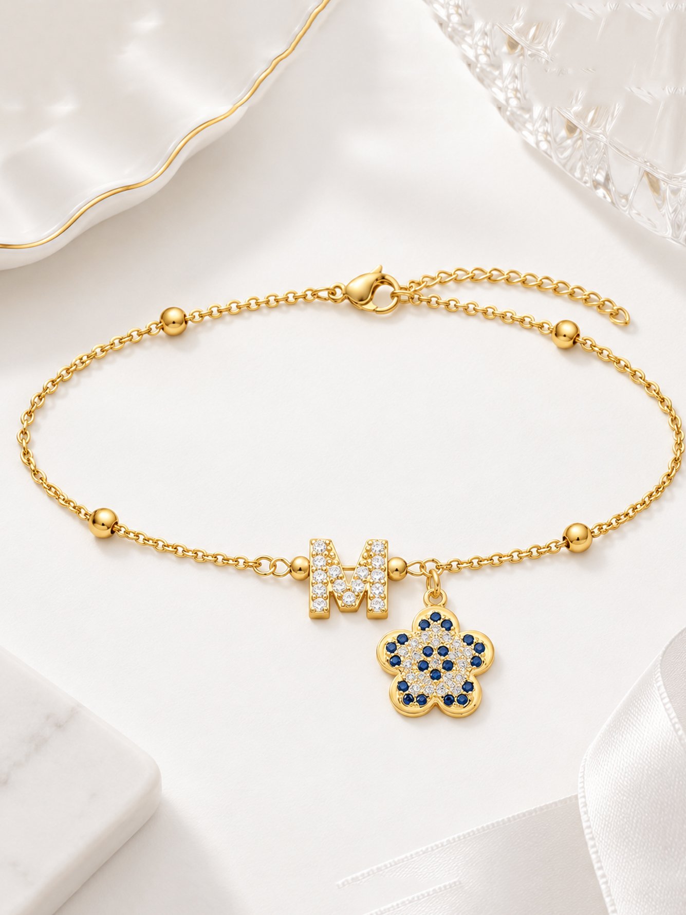 Golden Initial and Flower Charm Link Bracelet