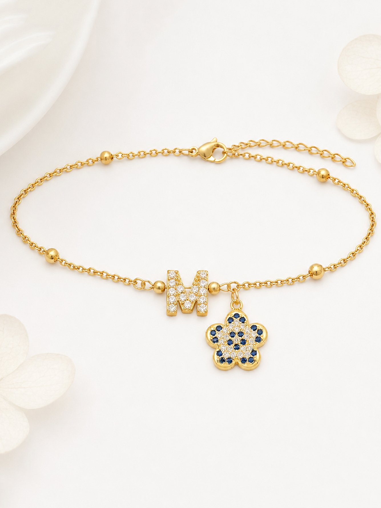 Golden Initial and Flower Charm Link Bracelet