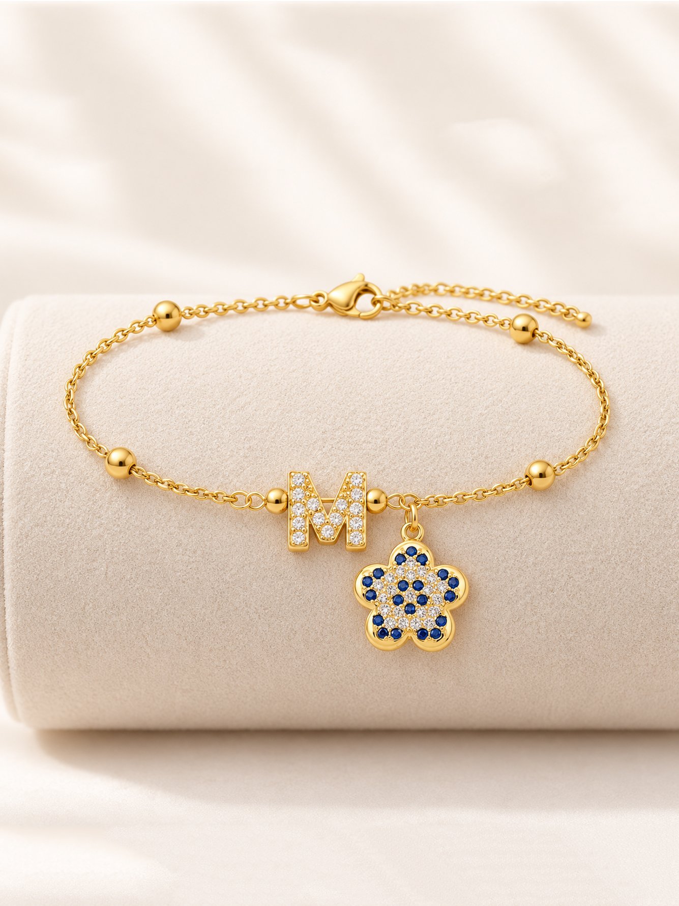 Golden Initial and Flower Charm Link Bracelet