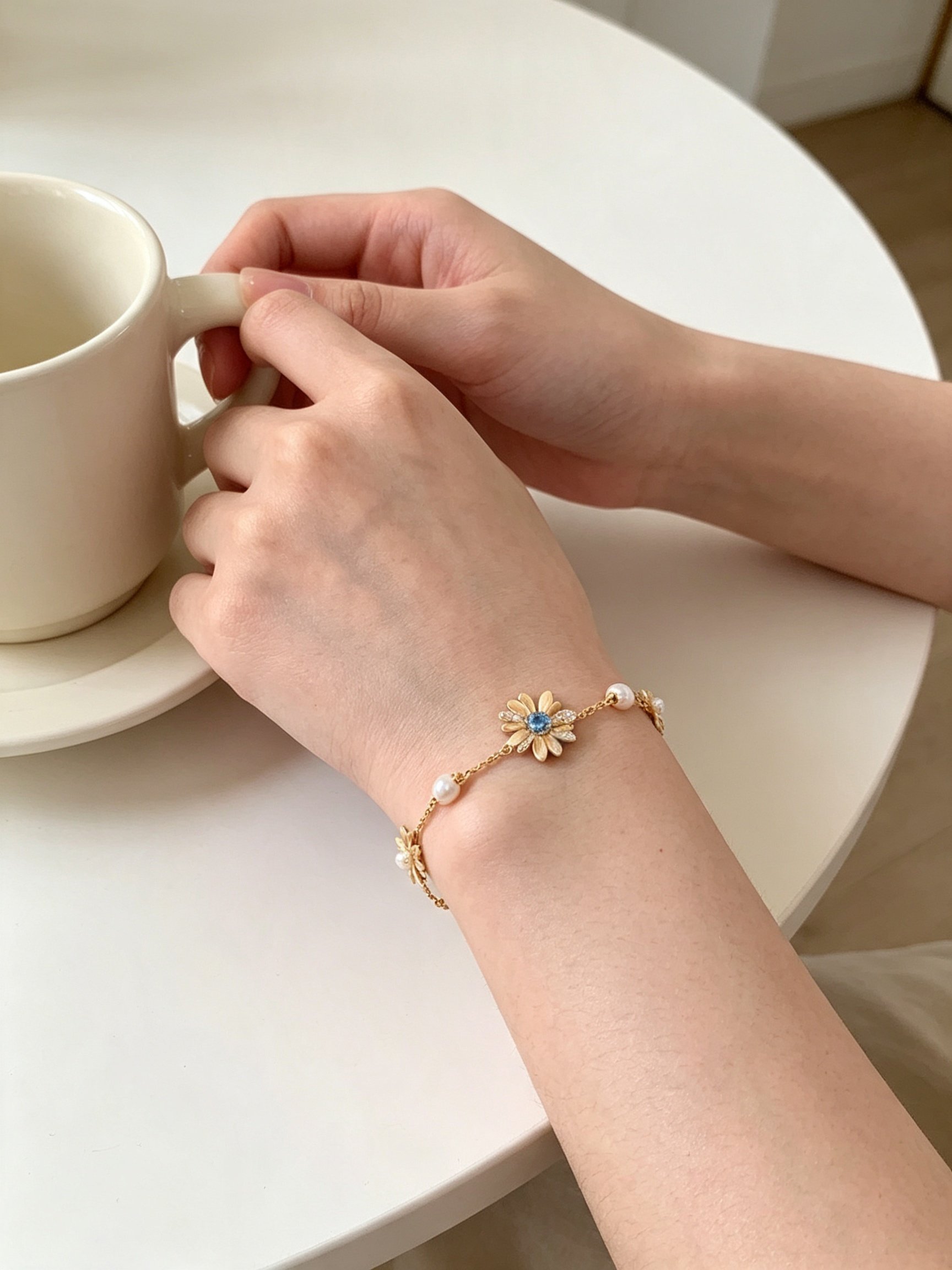 Gold Daisy and Pearl Link Bracelet